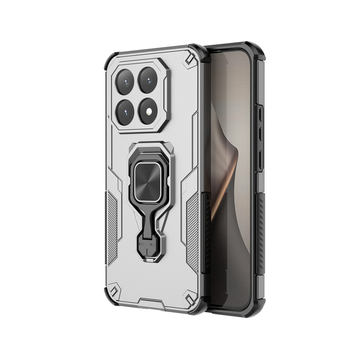 Een zilveren en zwarte telefoonhoes met een ringhouder. Het heeft een geometrisch ontwerp en bedekt het grootste deel van de telefoon.