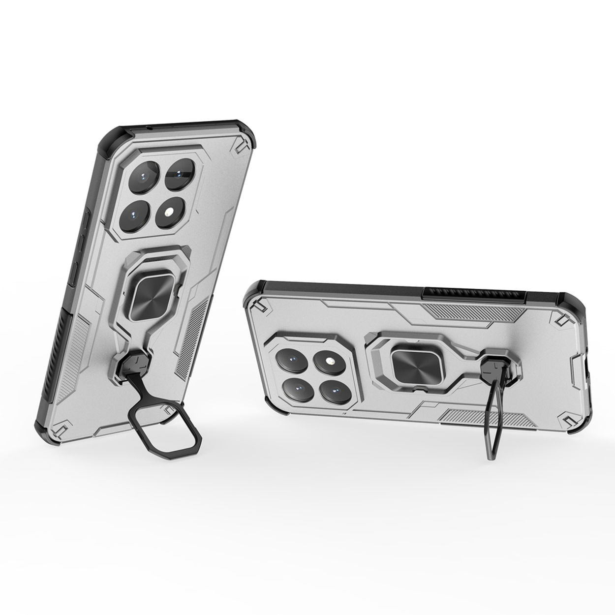 Twee zilveren telefoonhoesjes met zwarte accenten worden getoond. Eén staat, de andere ligt plat. Beide hebben ringhouders en camera-uitsparingen.