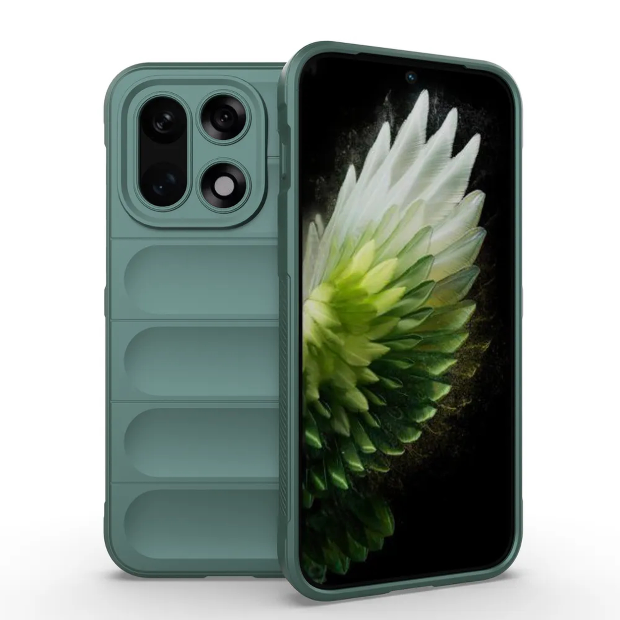 Een groene telefoonhoes en een telefoon. Het telefoonscherm toont een wit en groen bloemmotief. De hoes heeft een camera-opstelling.