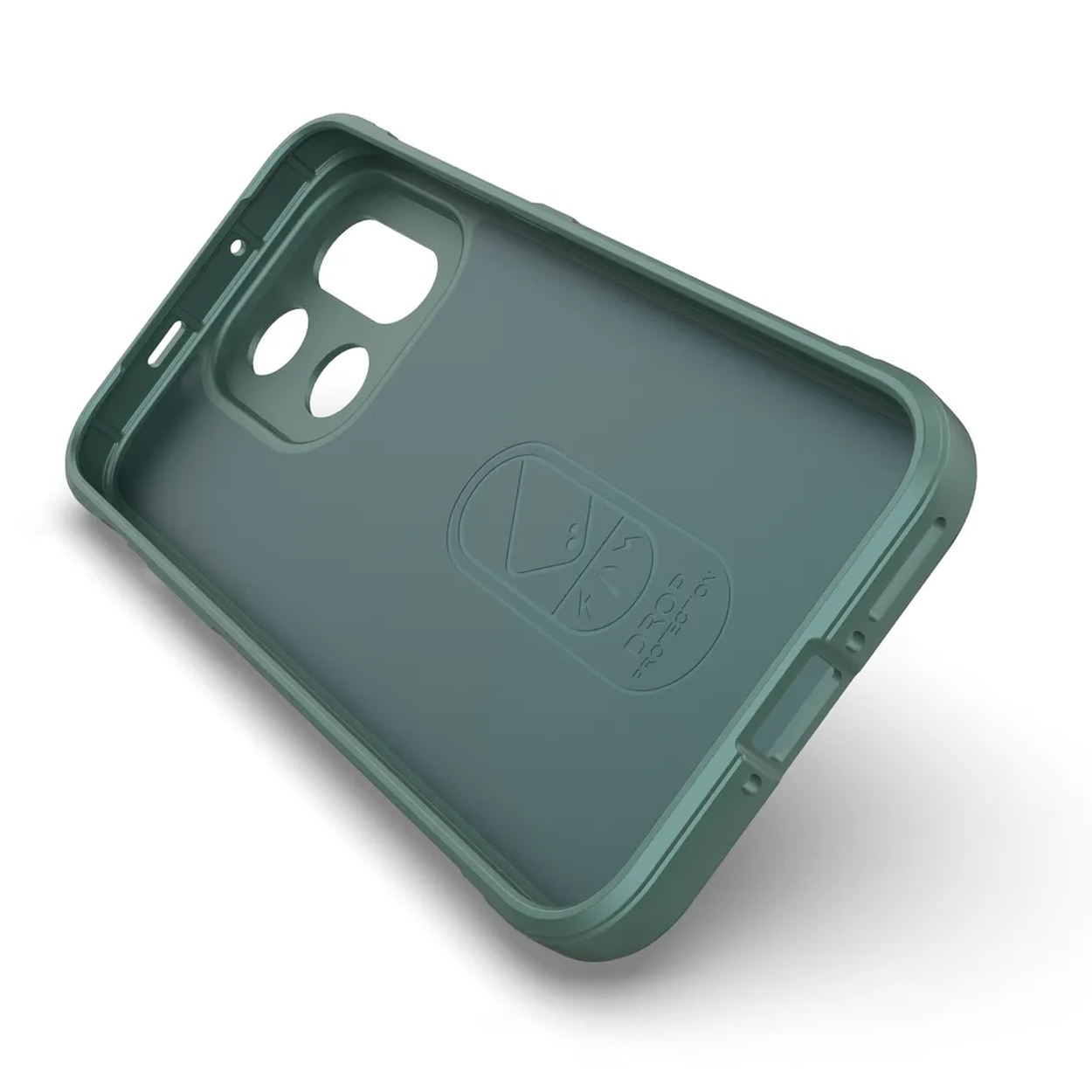 Een teal telefoonhoesje, met uitsparingen voor de camera en knoppen, ligt op een wit oppervlak. De achterkant heeft een logo.