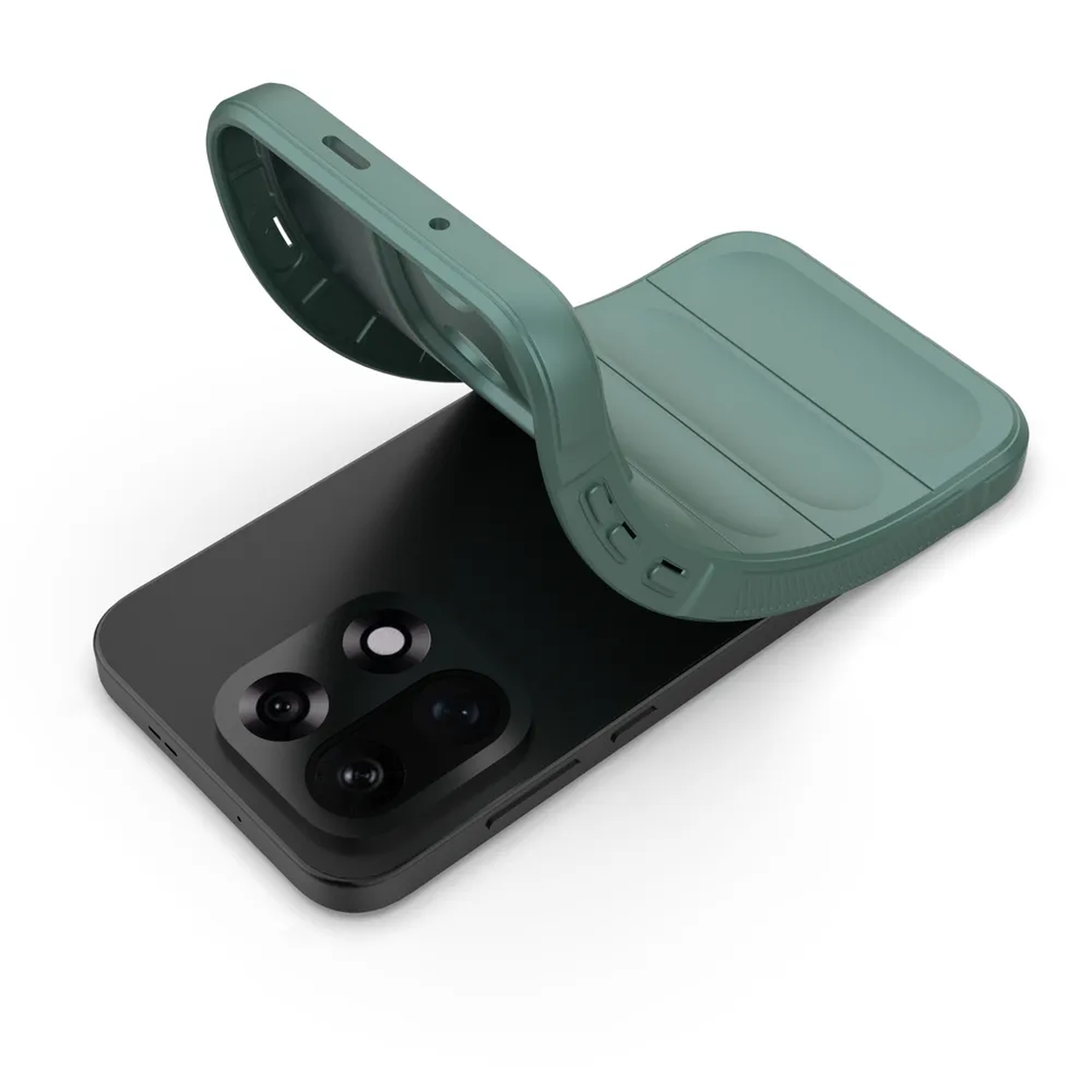 Een smartphone met een zwarte behuizing is gedeeltelijk bedekt door een groene telefoonhoes. De hoes wordt opgetild om de telefoon te onthullen.
