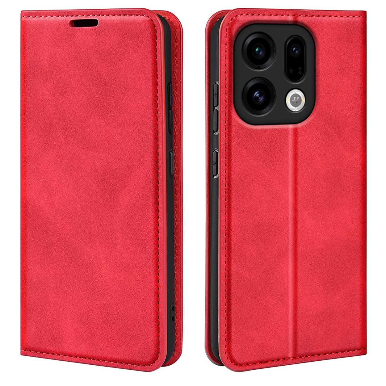 Een rode telefoonhoes wordt open en dicht getoond. De open hoes onthult een telefoon met meerdere cameralenzen.