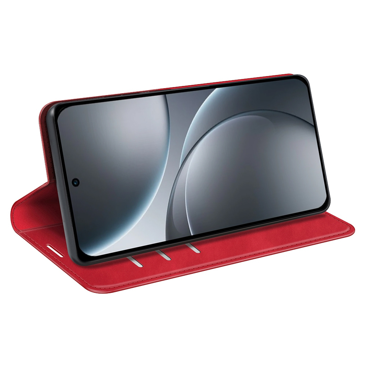 Een rode telefoonhoes met een telefoon erin. Het telefoonscherm toont een grijze achtergrond met lichte cirkels.