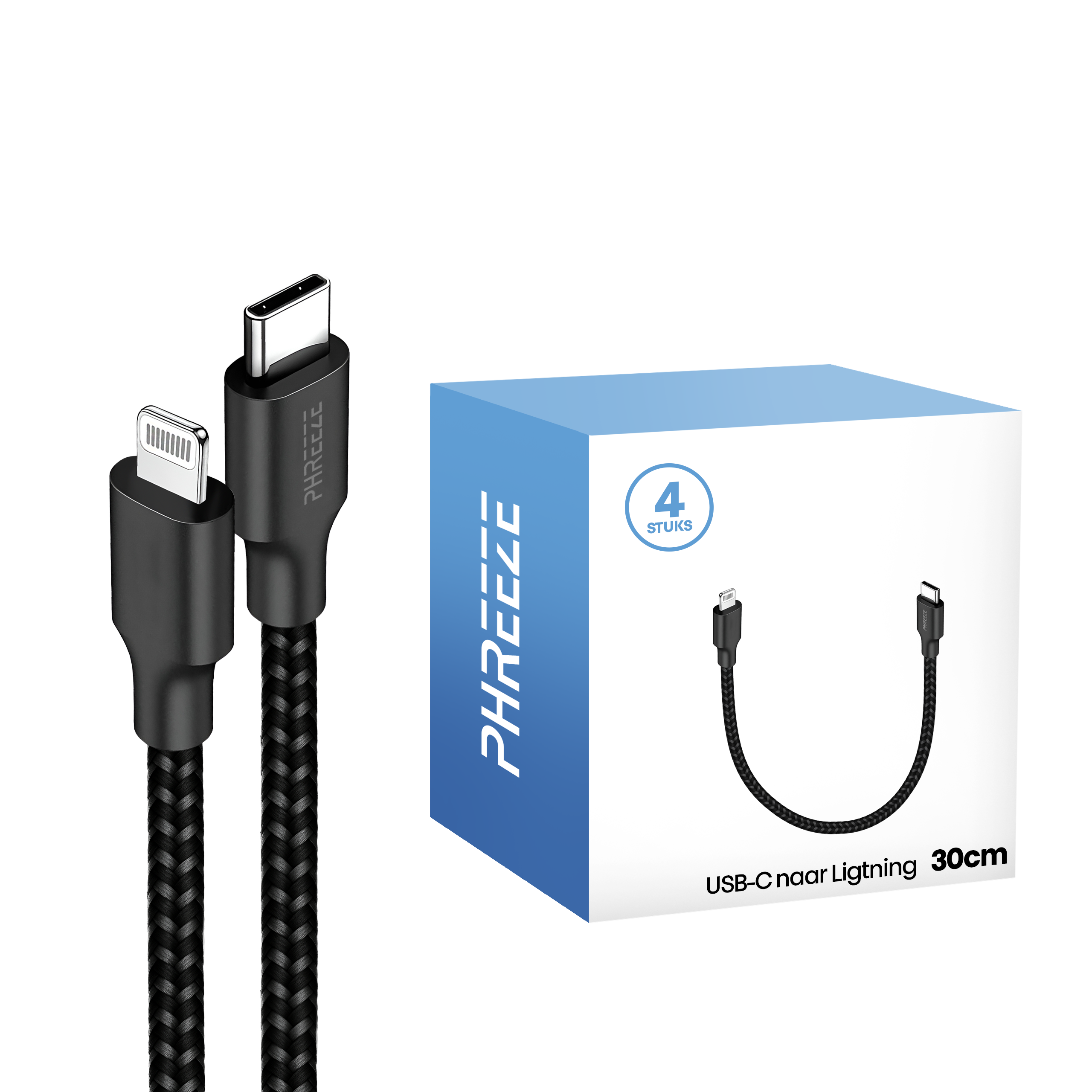 De afbeelding toont een zwarte USB-C naar Lightning kabel en een doos met productdetails.
