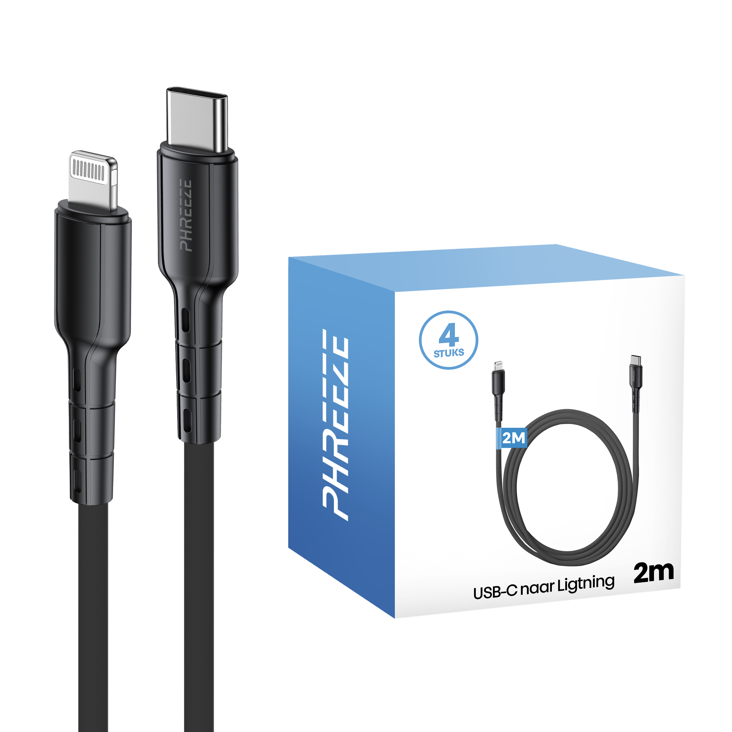 Afbeelding toont twee zwarte oplaadkabels en een doos. Kabels zijn USB-C naar Lightning. Doos zegt 'PHREEE' en '4 stuks'.