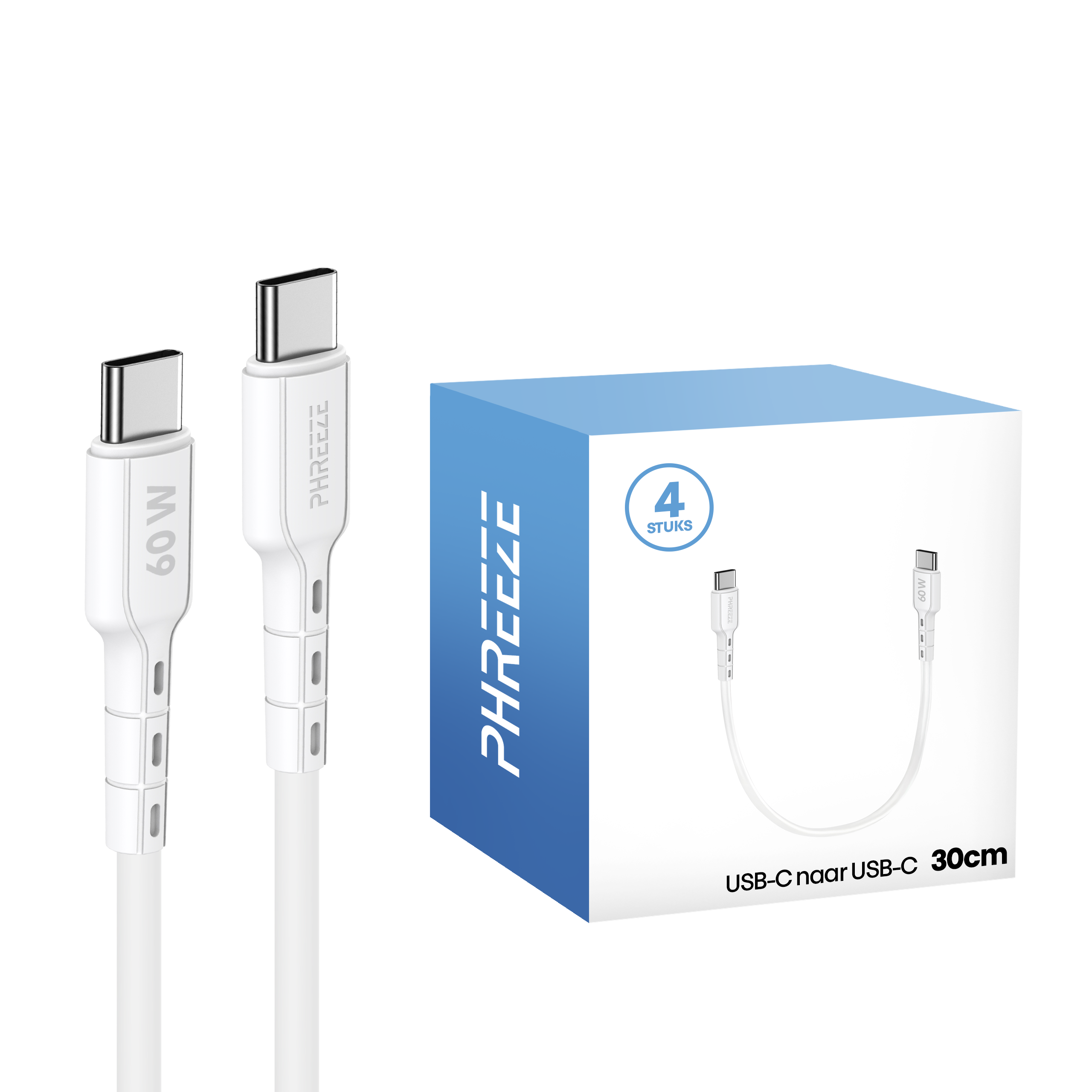 Witte USB-C-kabels en een blauw-witte doos. De doos heeft de merknaam en tekst: USB-C naar USB-C 30cm.