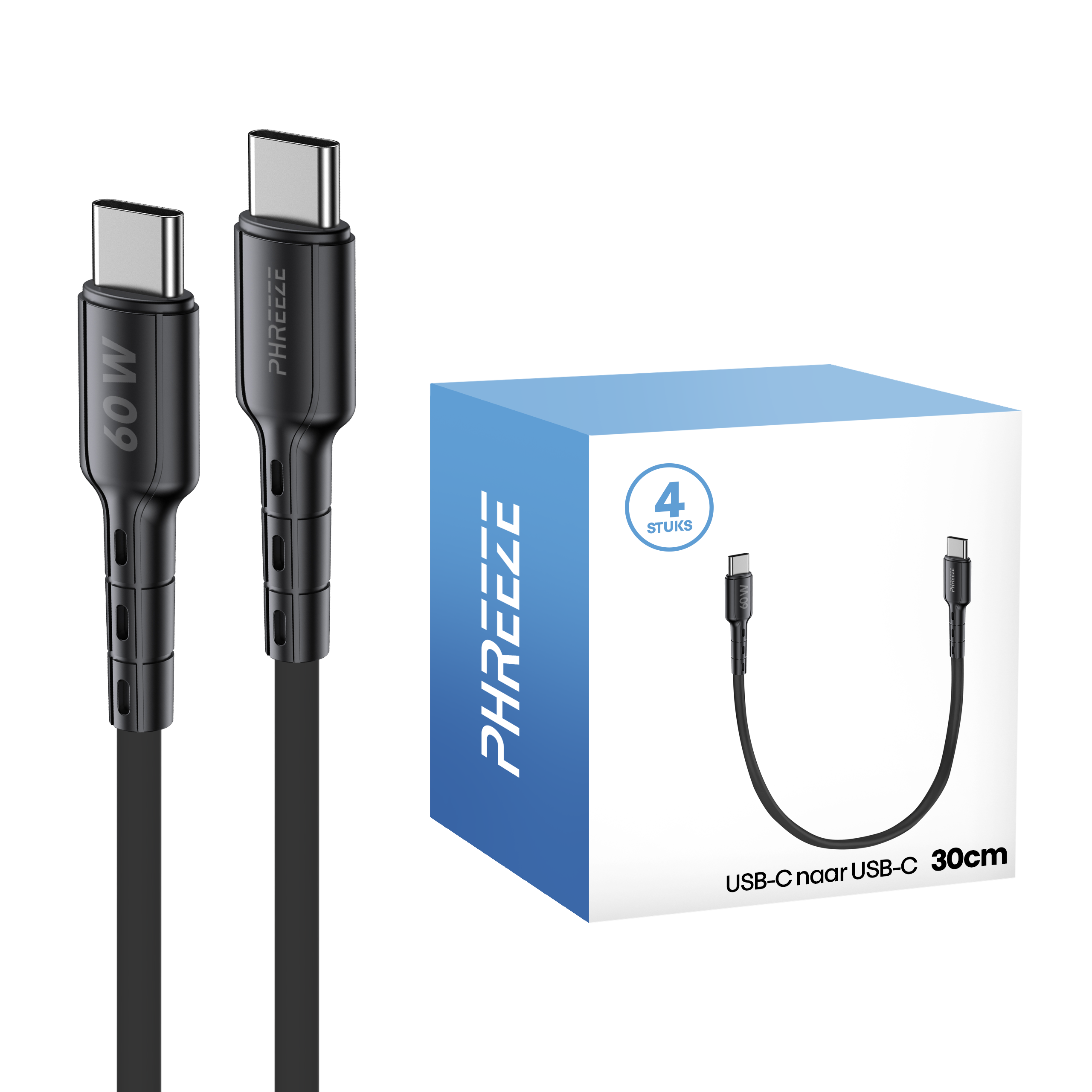 Two black USB-C cables, one with '60W' text. A blue and white box shows a cable and '4 STUKS'.