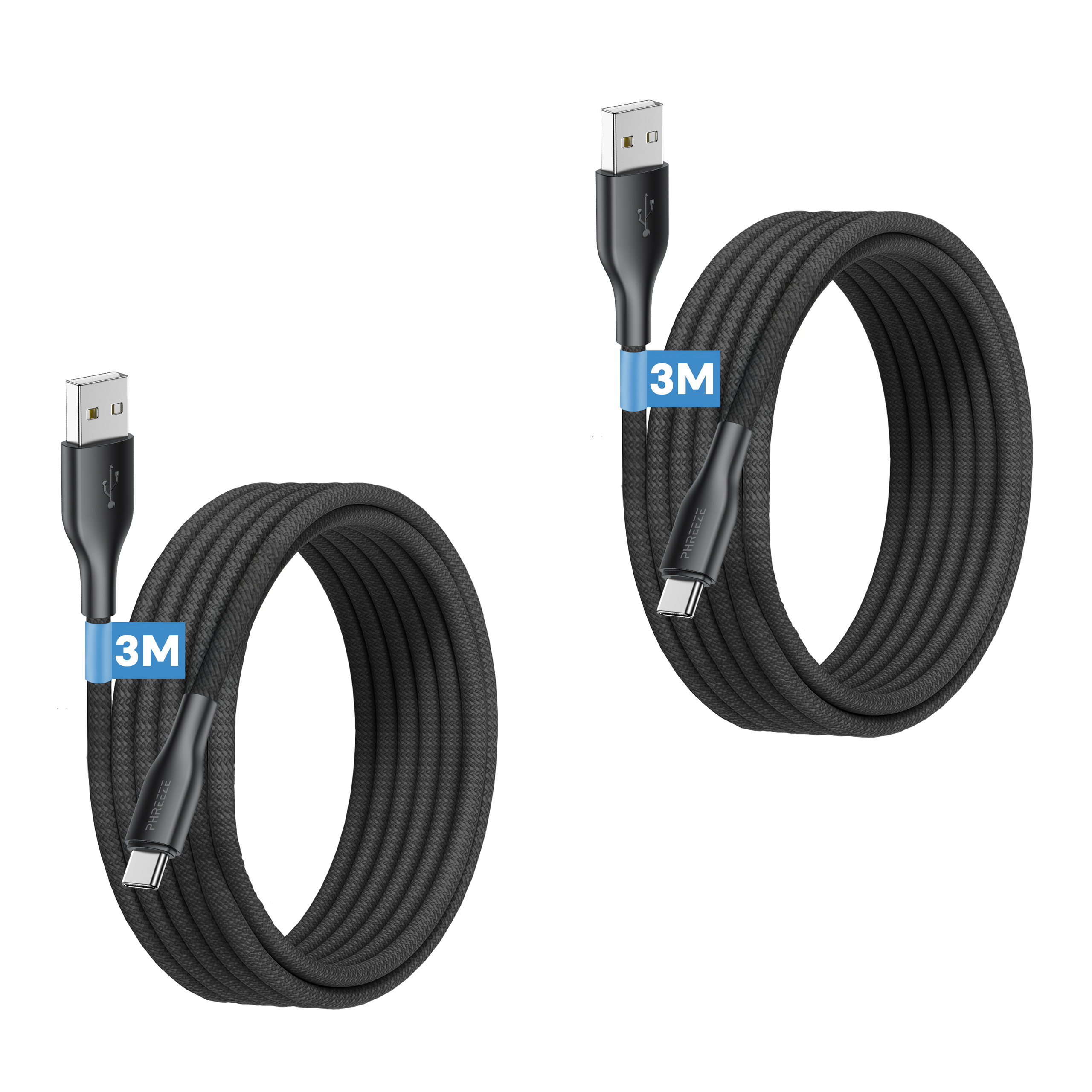 Two black USB cables. Each has a USB-A and USB-C connector. Both are coiled. Each has a blue 3M label.