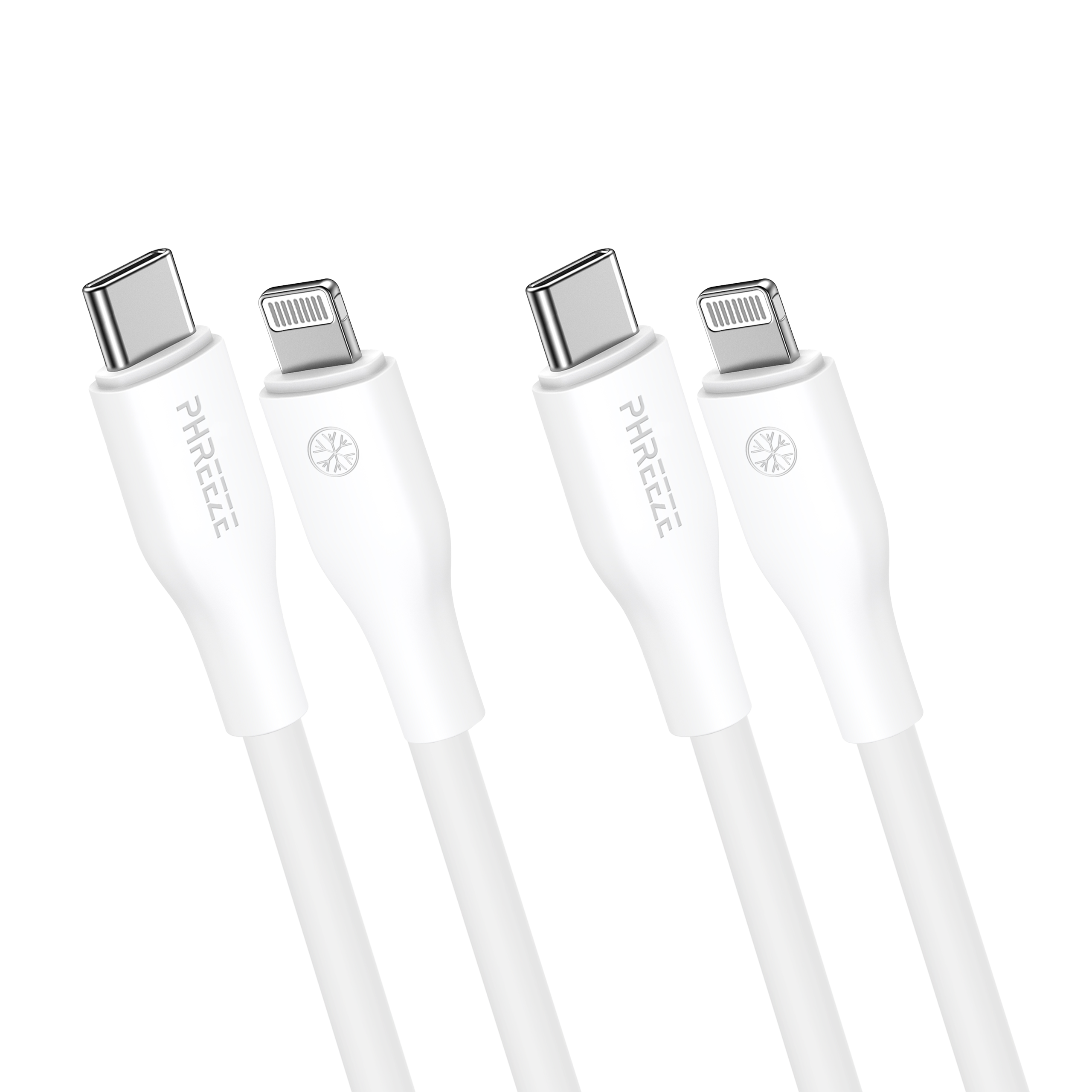 Vier witte oplaadkabels. Twee hebben USB-C-connectoren, twee Lightning-connectoren. Allemaal schuin.