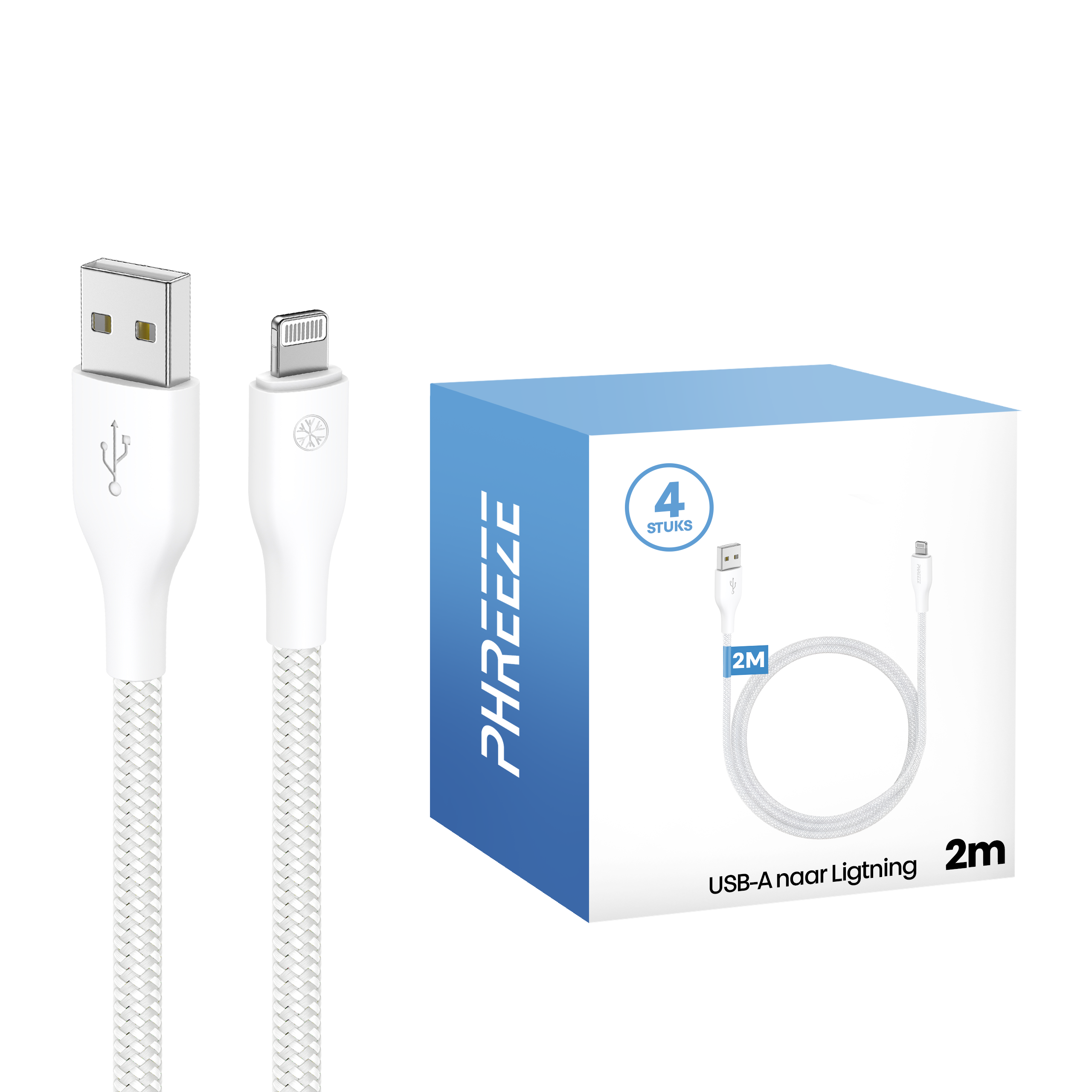 White USB-A to Lightning cable, 2m long, with a box showing the cable and the text 'USB-A naar Lightning'.