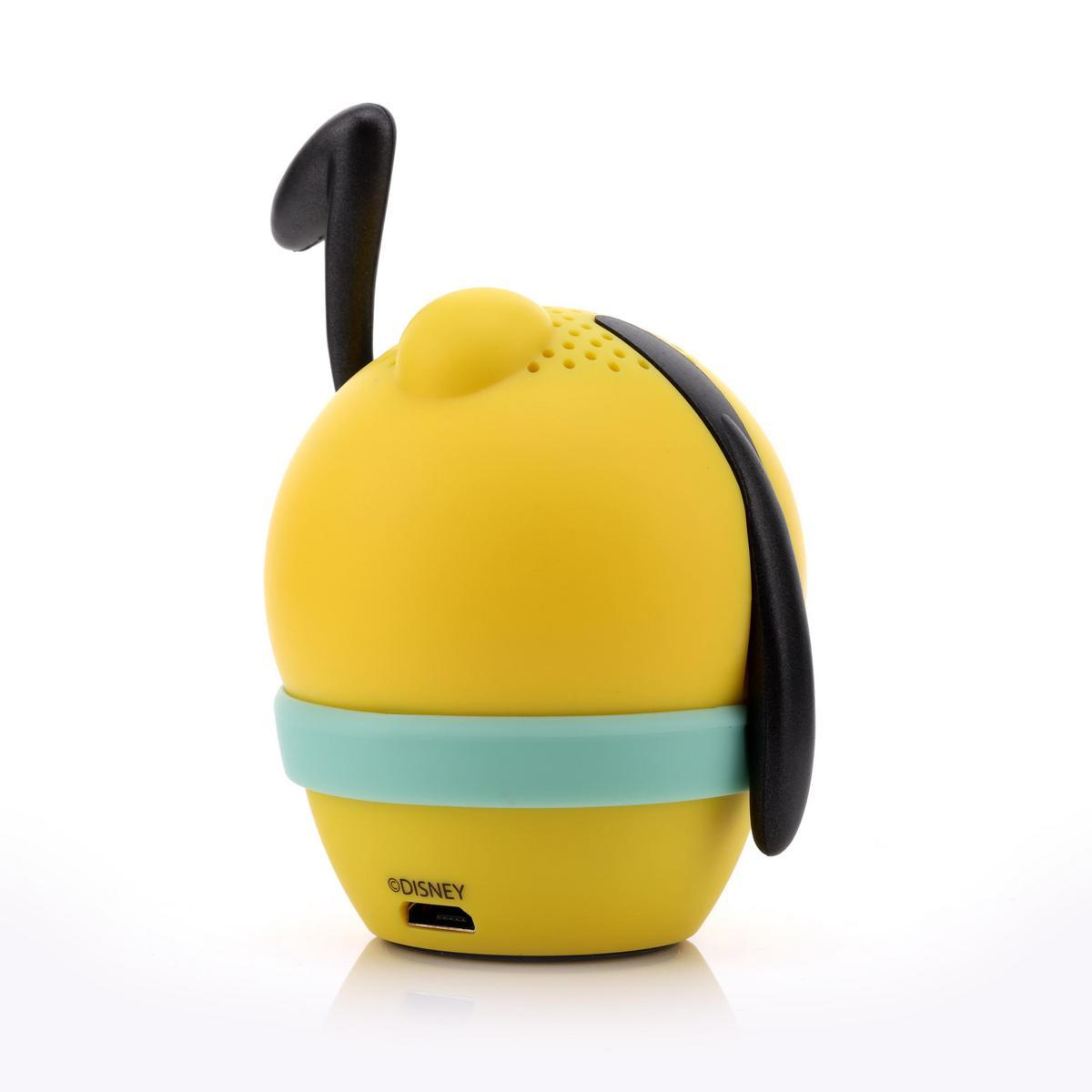 Altavoz amarillo con detalles negros y una banda turquesa. Se asemeja a un personaje de dibujos animados. El altavoz tiene el logotipo de Disney.