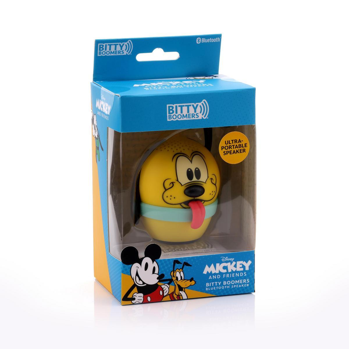Un altavoz amarillo de Pluto en una caja. La caja es azul y amarilla, con Mickey Mouse y Pluto. Dice 'BITTY BOOMERS'.