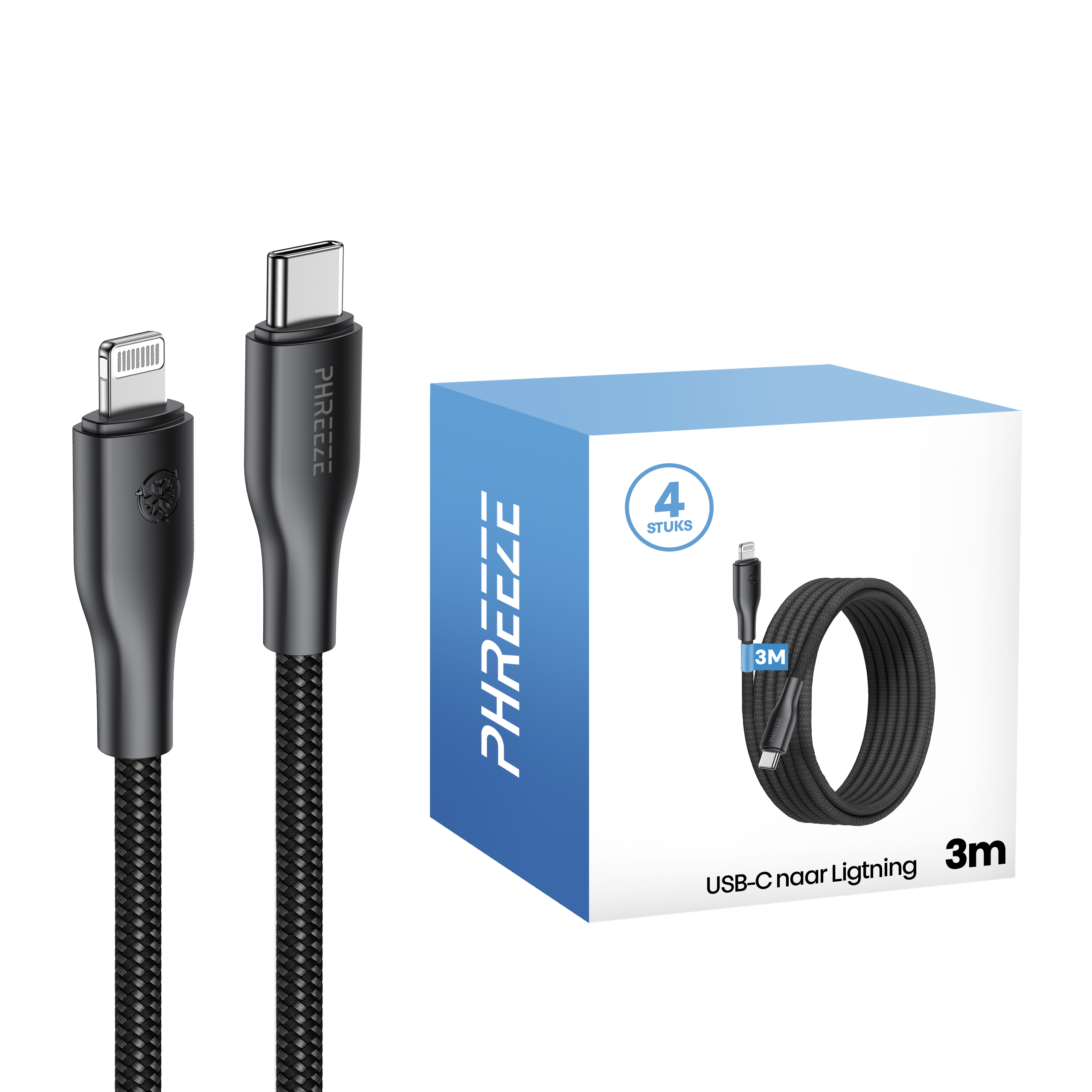 Afbeelding toont twee zwarte oplaadkabels en een doos met een opgerolde kabel. De doos zegt USB-C naar Lightning.
