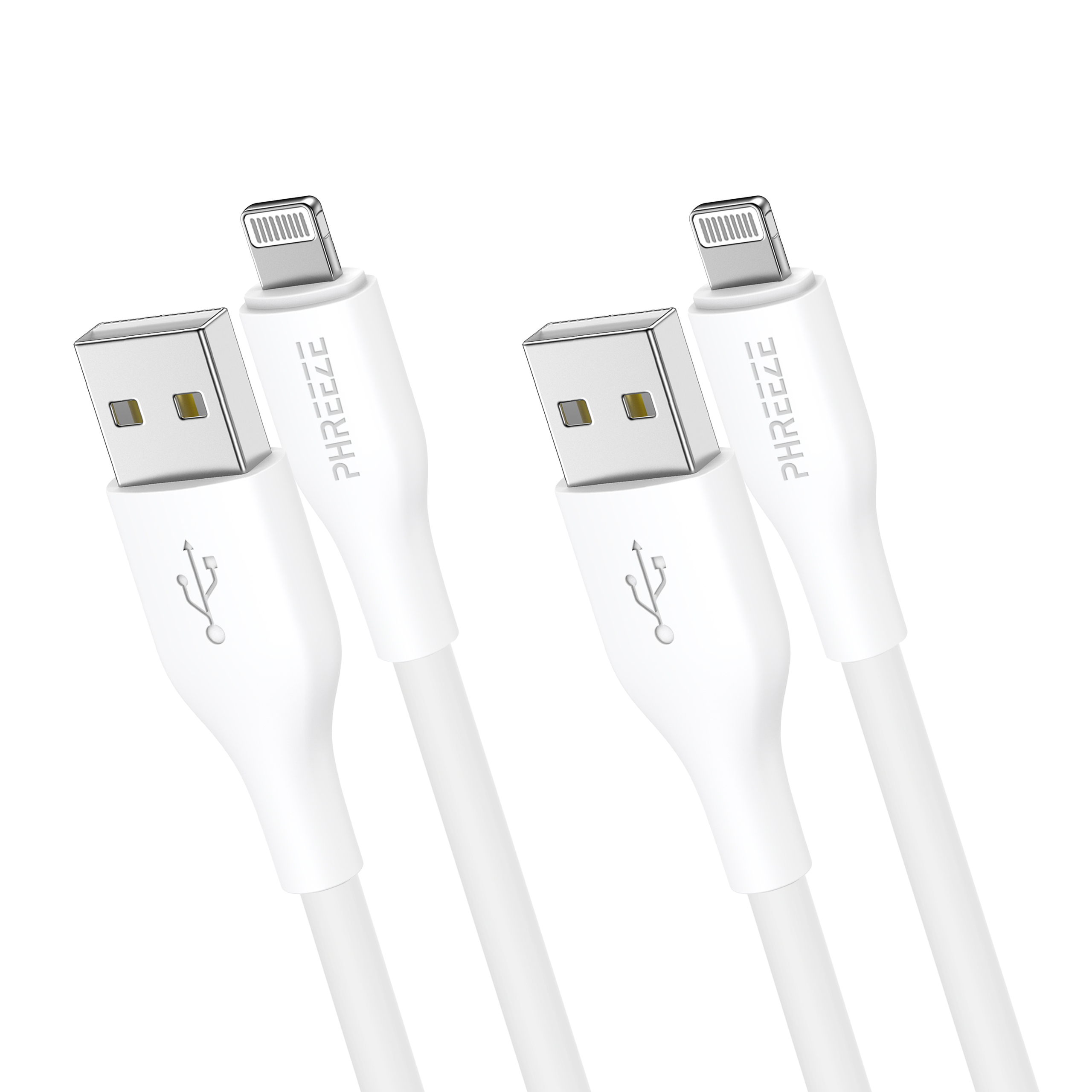 Two white USB to Lightning cables. Each has a USB and a Lightning connector. The brand name PHREEEZE is visible.