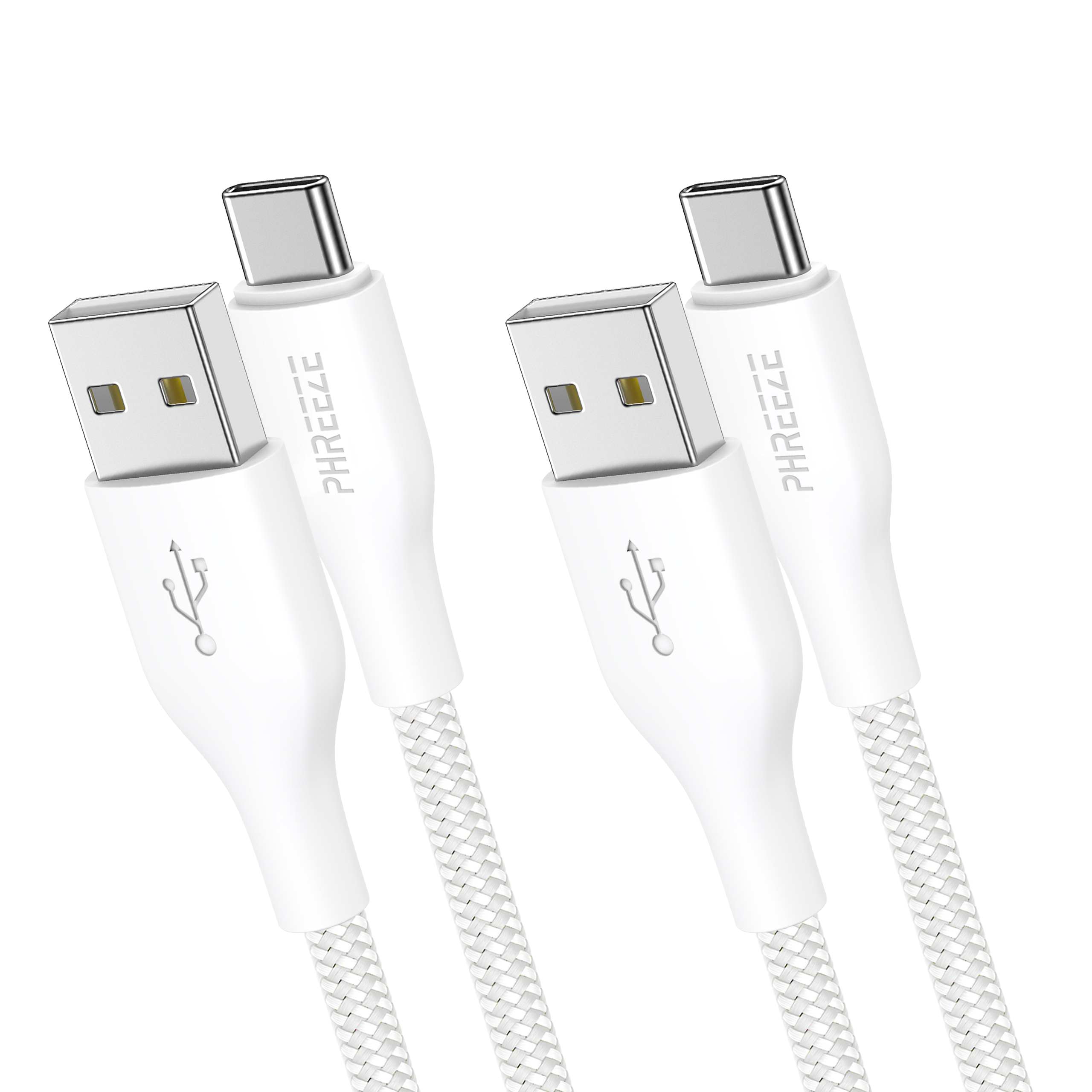 Two white USB-C charging cables with the brand name 'PHREEZE'. The cables have white braided cords and USB connectors.