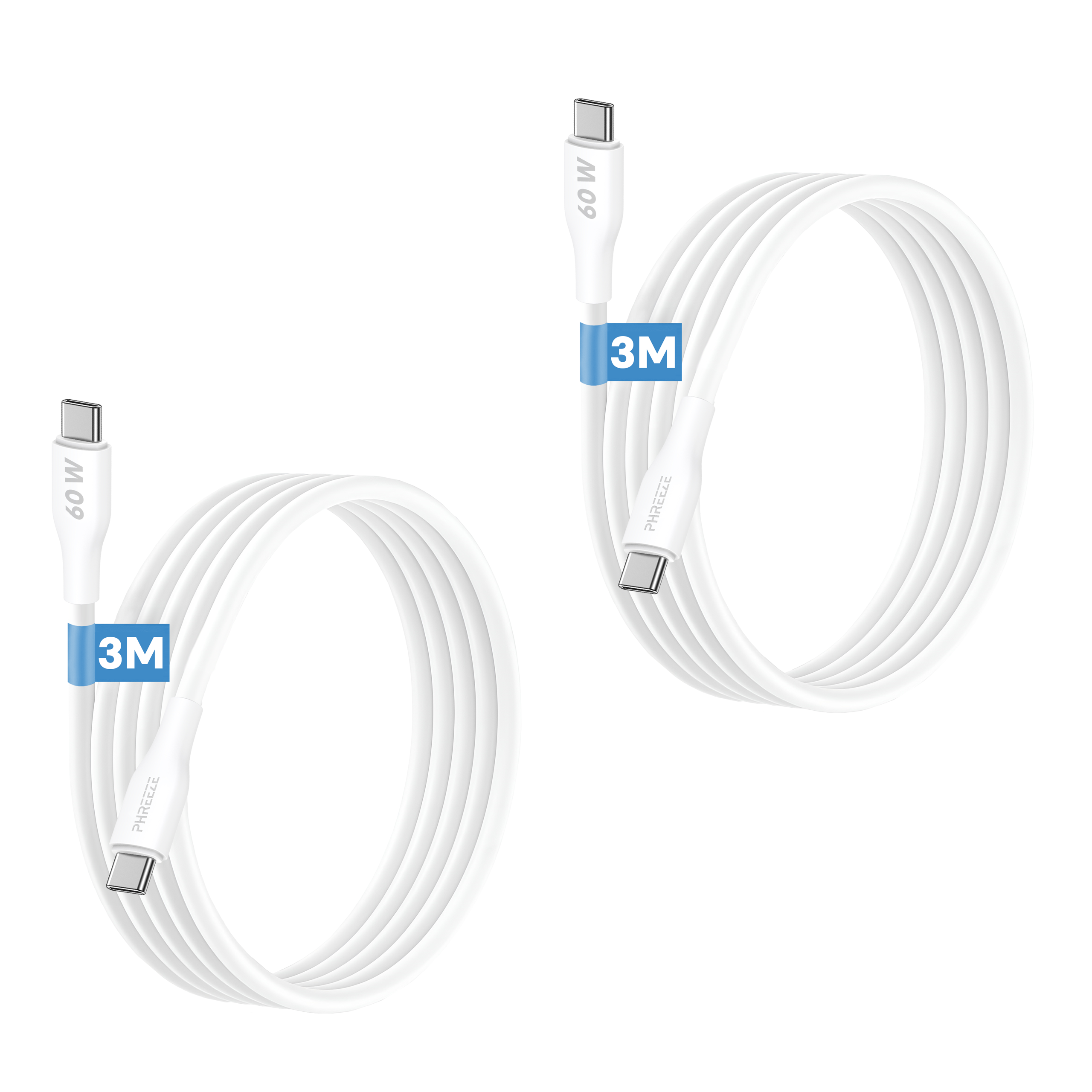Twee witte USB-C oplaadkabels. Elk heeft een 60W label en een blauw 3M label. De achtergrond is wit.