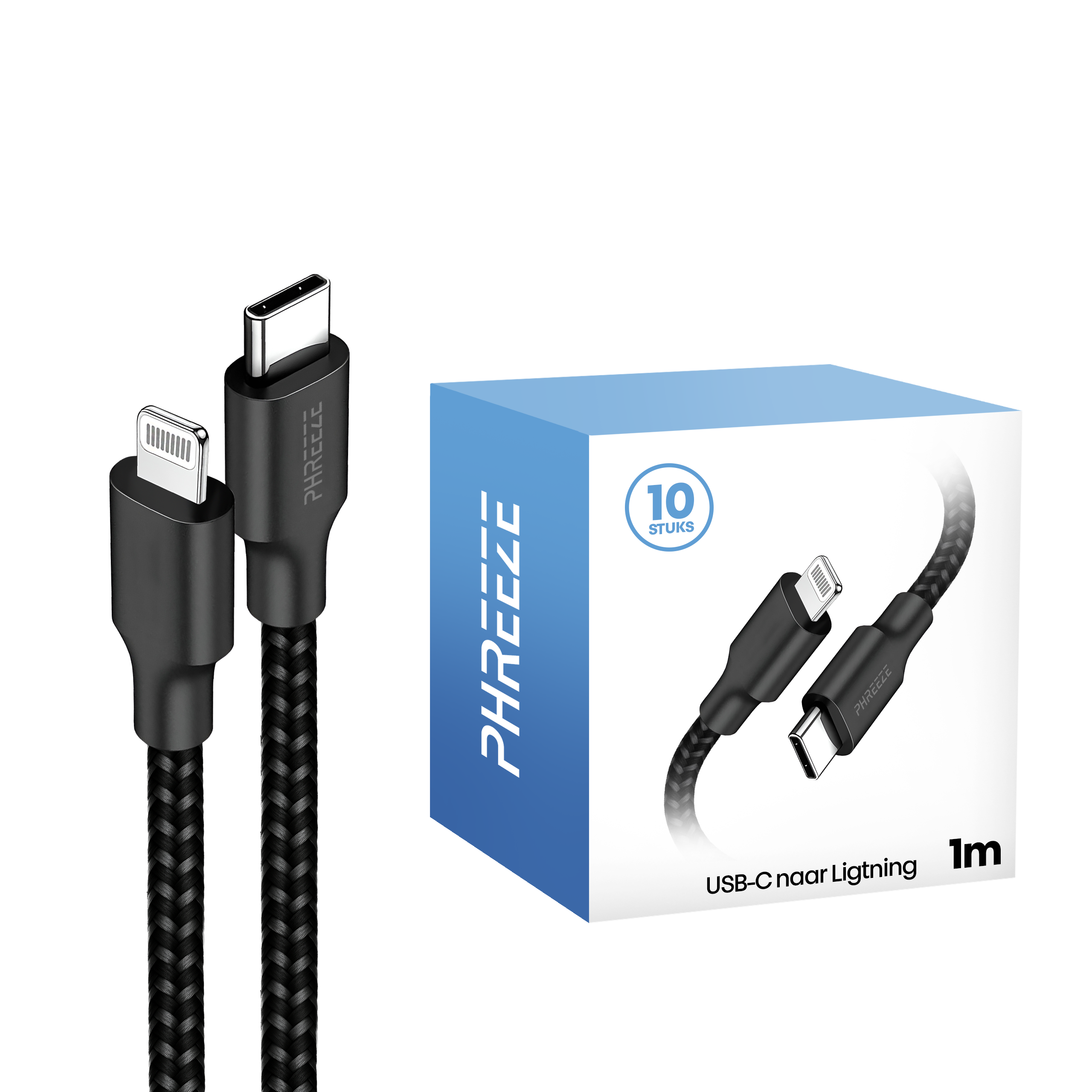Afbeelding toont zwarte USB-C naar Lightning kabels en verpakking. De doos zegt '10 stuks' en 'USB-C naar Lightning'.