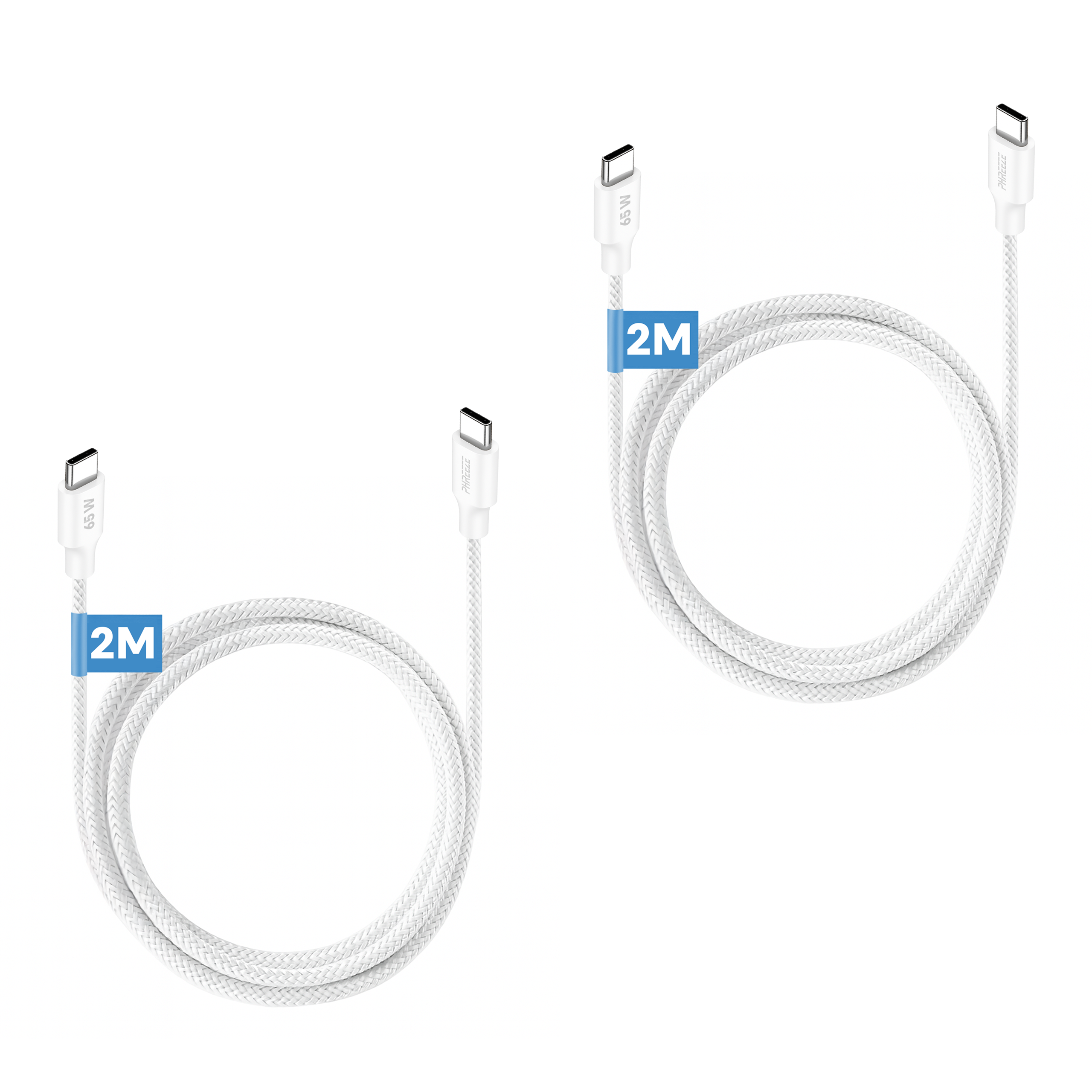 Two white USB-C charging cables. Each cable is 2 meters long and labeled 65W. The background is white.
