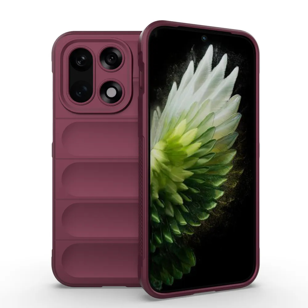 Un téléphone dans un étui bordeaux. L'écran affiche une image florale colorée. L'étui a un dos texturé et une bosse pour l'appareil photo.