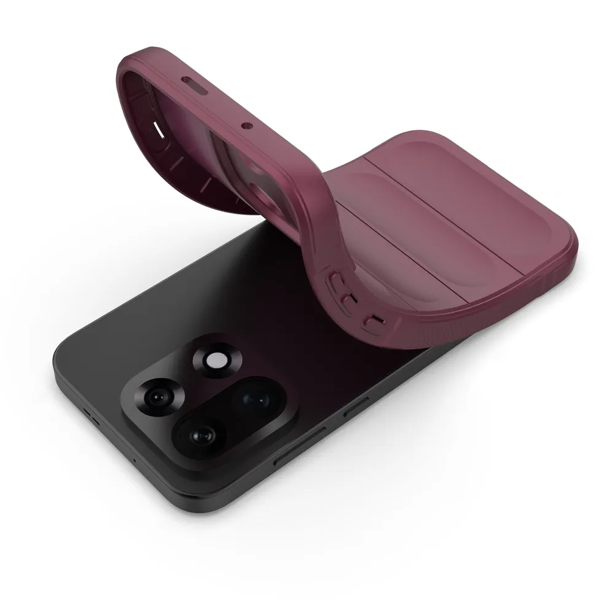 Un téléphone sombre avec un étui bordeaux en cours d'application. L'étui est légèrement soulevé. Fond blanc.