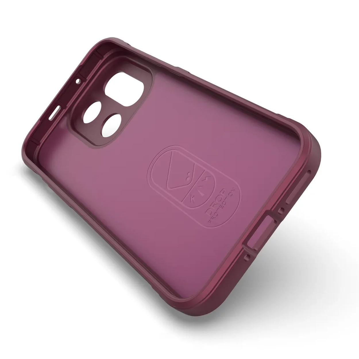 Une coque de téléphone bordeaux ouverte, avec découpes pour appareil photo et boutons. L'intérieur présente un logo et un texte de protection.