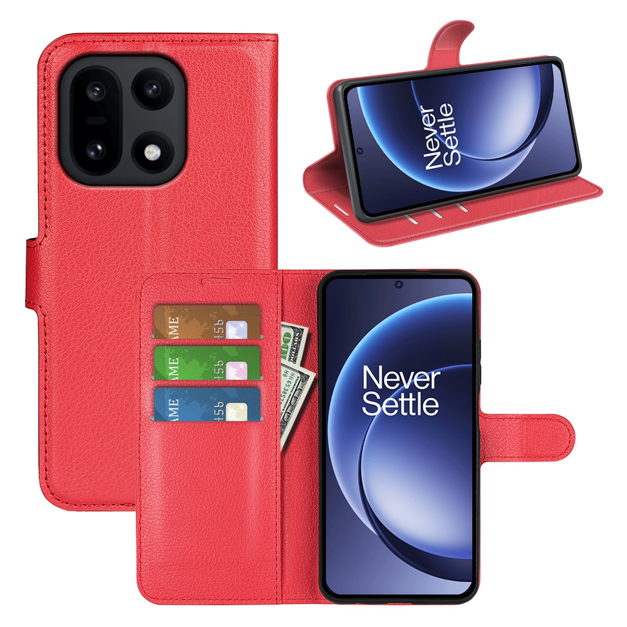 Rode telefoonhoes met telefoon erin. Creditcards en geld zijn zichtbaar. Telefoon toont 'Never Settle'.