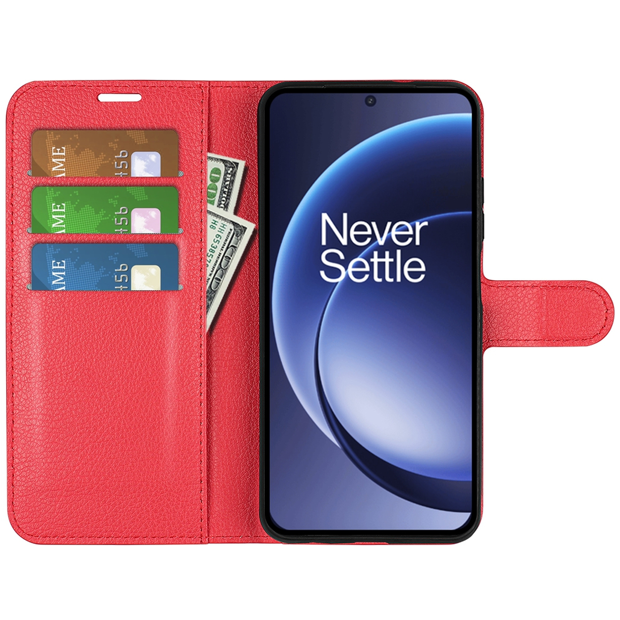 Rode telefoonhoes met telefoon en kaarten erin. De telefoon toont 'Never Settle'. Contant geld en creditcards zijn zichtbaar.