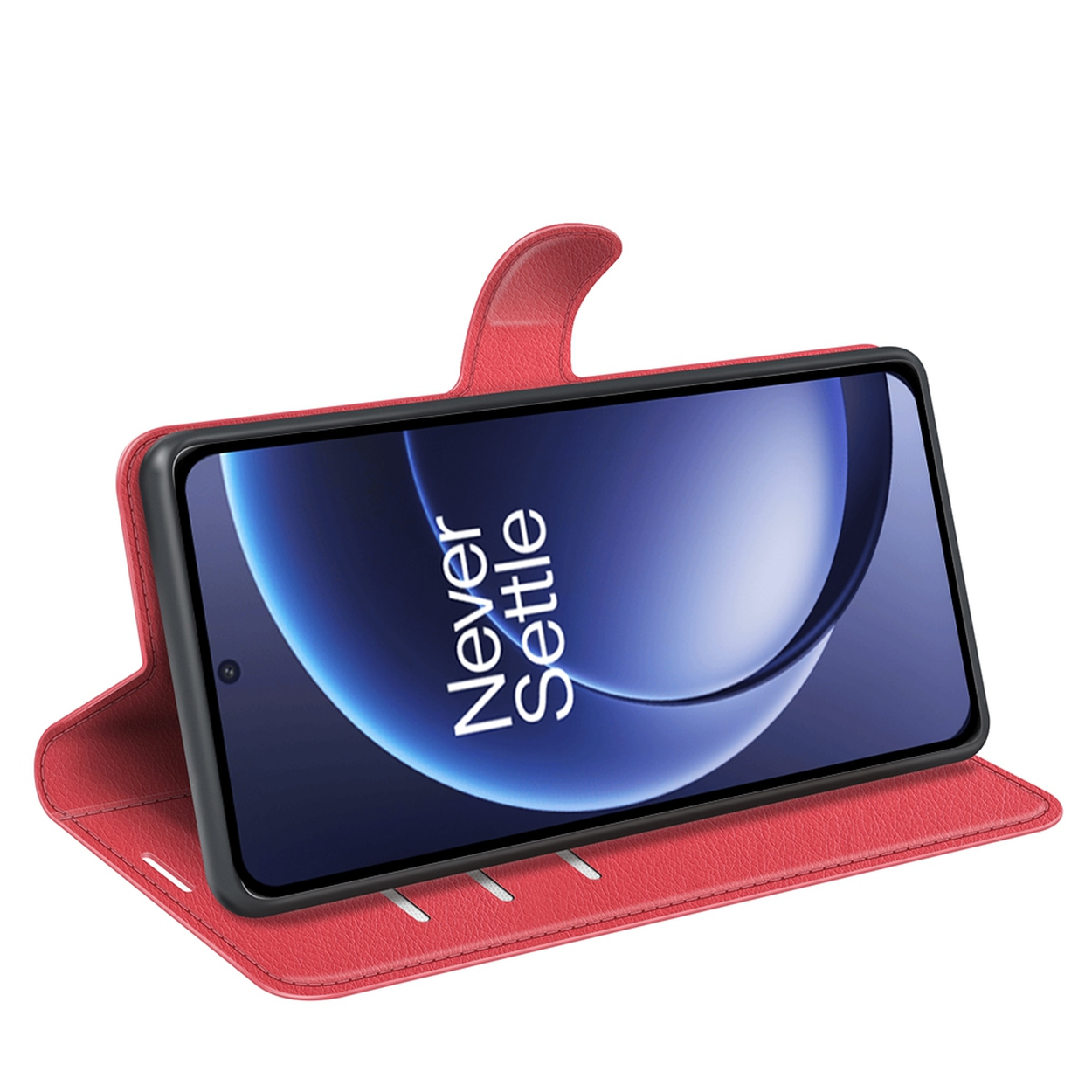 Een rode telefoonhoes met een telefoon met 'Never Settle' erop. De hoes is open en toont de telefoon en het scherm.