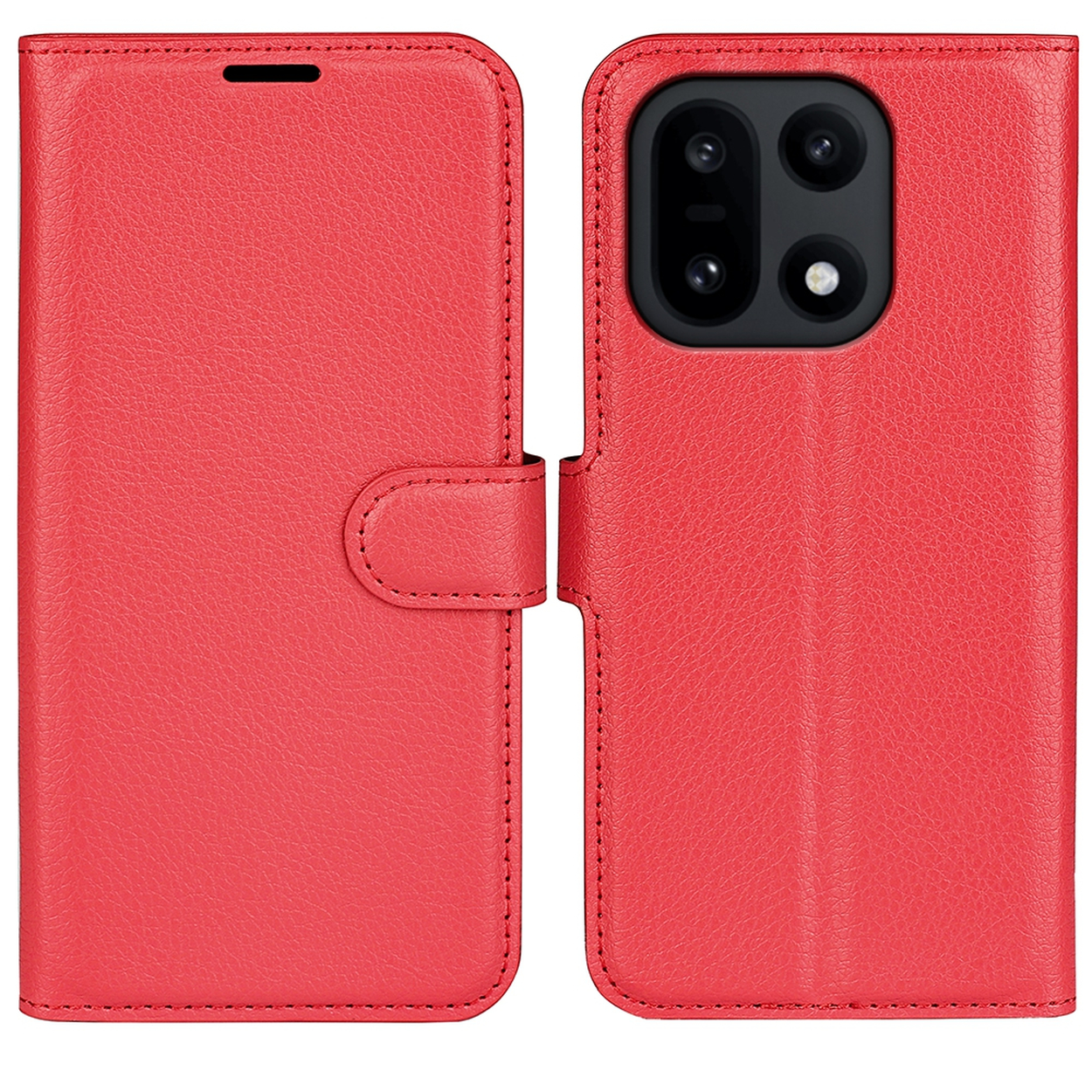 Rode leren telefoonhoes open. De hoes heeft een magnetische sluiting. De camera van de telefoon is rechts zichtbaar.
