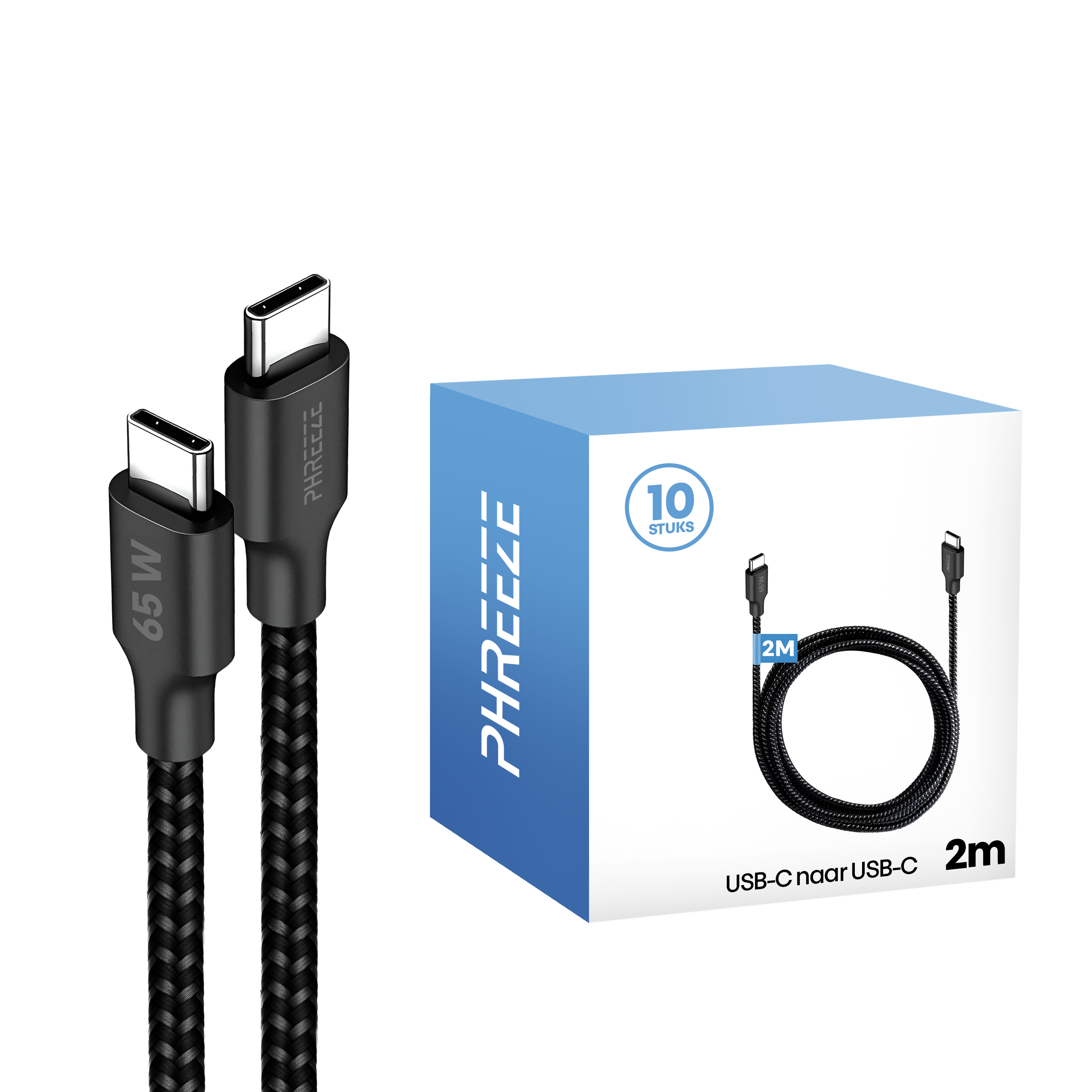 Two black USB-C cables, one with 65W, next to a blue and white box. The box says PHREEZE and USB-C to USB-C 2m.