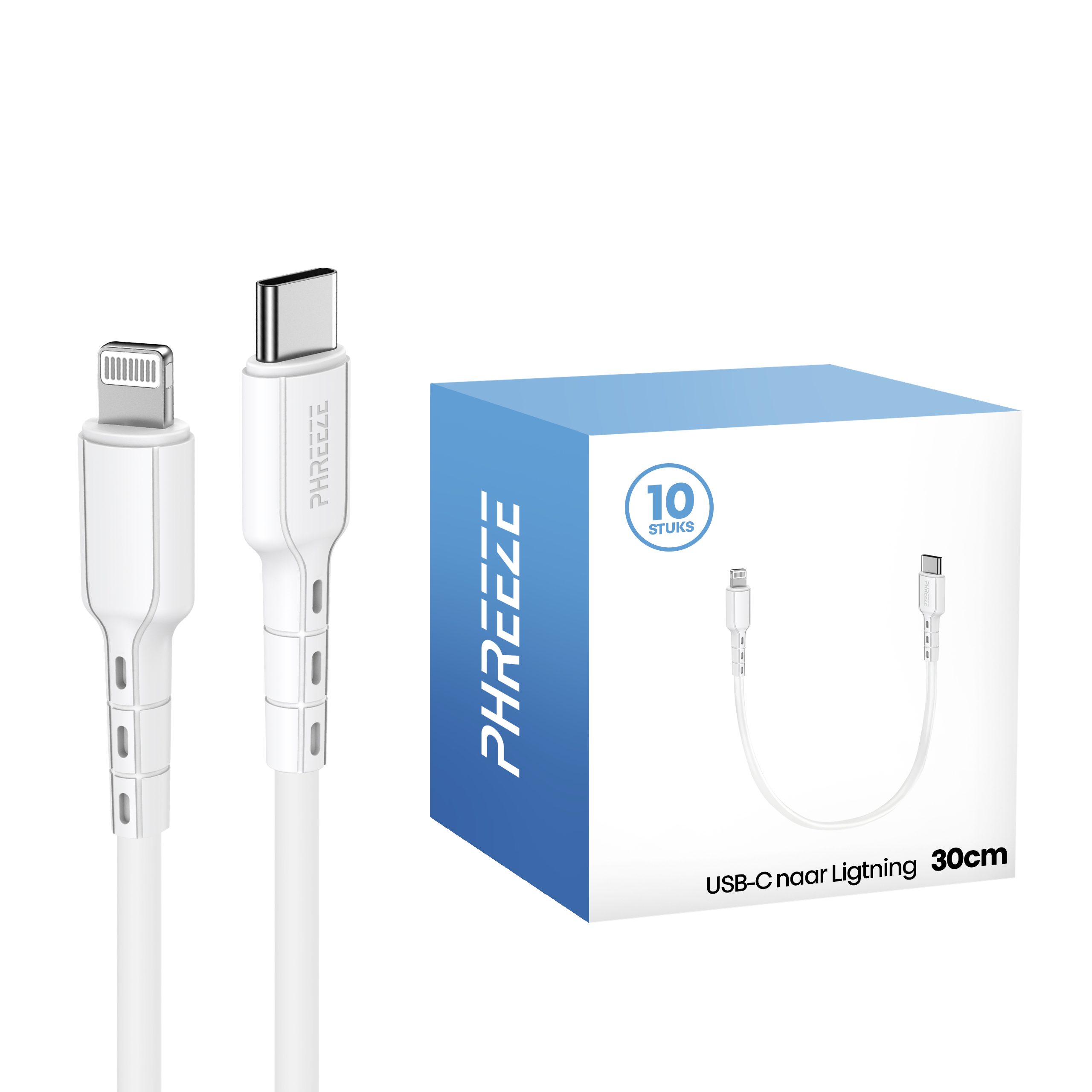 Witte USB-C naar Lightning kabels en een blauwe doos. De doos heeft een kabelafbeelding en de tekst '10 stuks'.