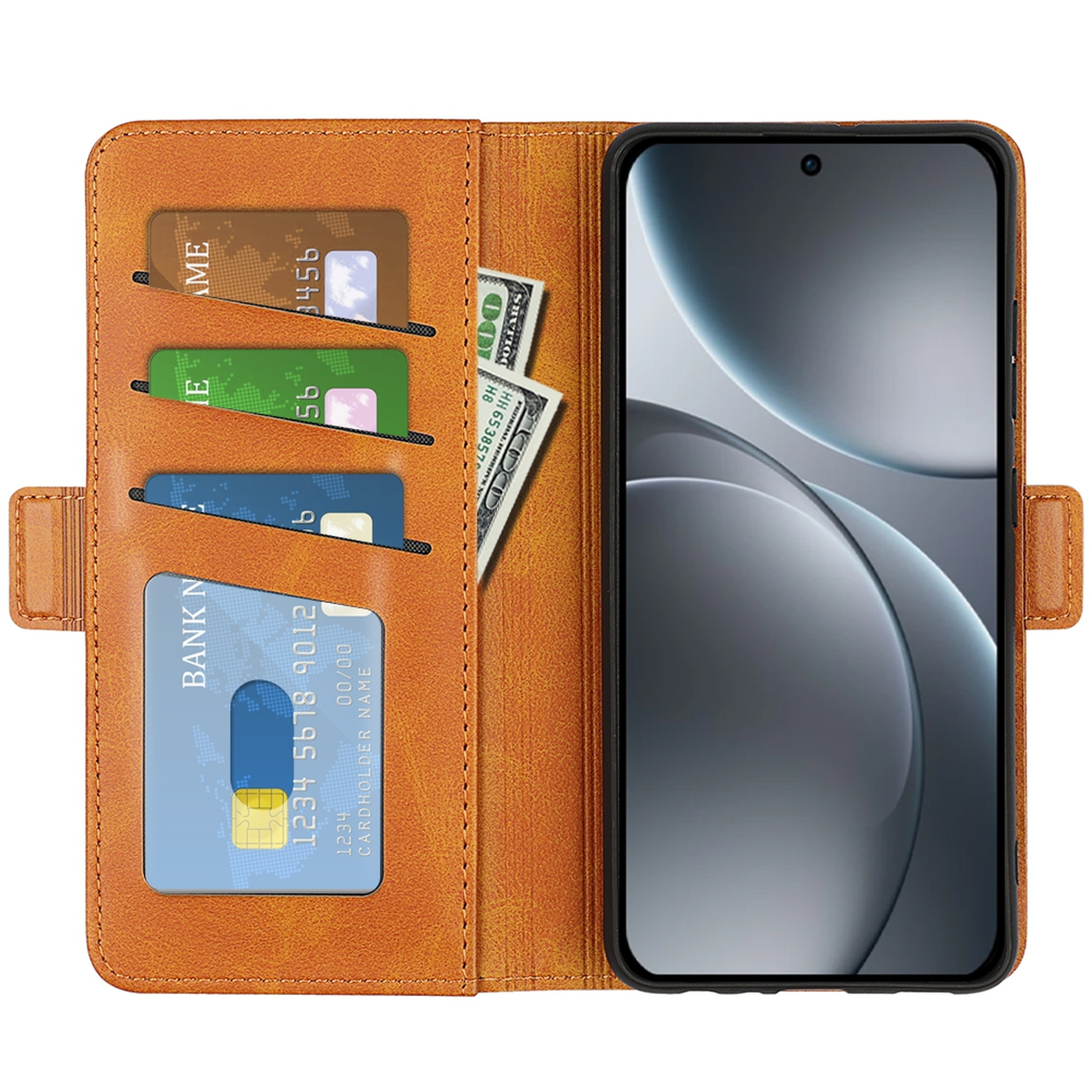 Een bruine telefoonhoes met een telefoon, creditcards en contant geld. Het scherm van de telefoon is grijs. Kaarten zijn groen, blauw en goud.