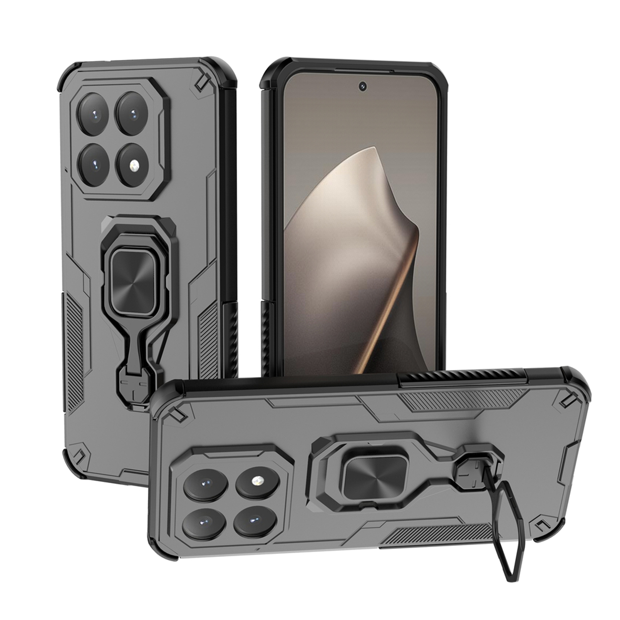 Trois étuis de téléphone gris avec des accents noirs, chacun avec un support de bague. Un étui contient un téléphone. Fond blanc.