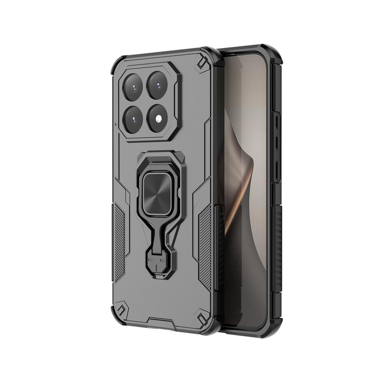 Une coque de téléphone grise avec un support de bague et des découpes pour l'appareil photo. L'écran du téléphone est visible à droite. Fond blanc.