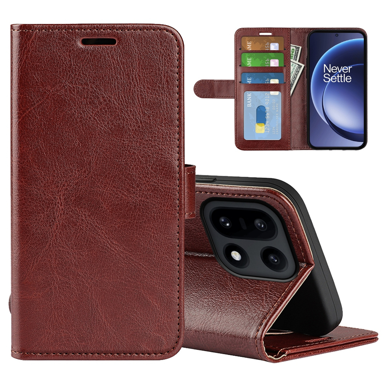 Un étui de téléphone en cuir marron est ouvert, révélant un téléphone, des cartes de crédit et de l'argent. C'est un étui de type portefeuille.