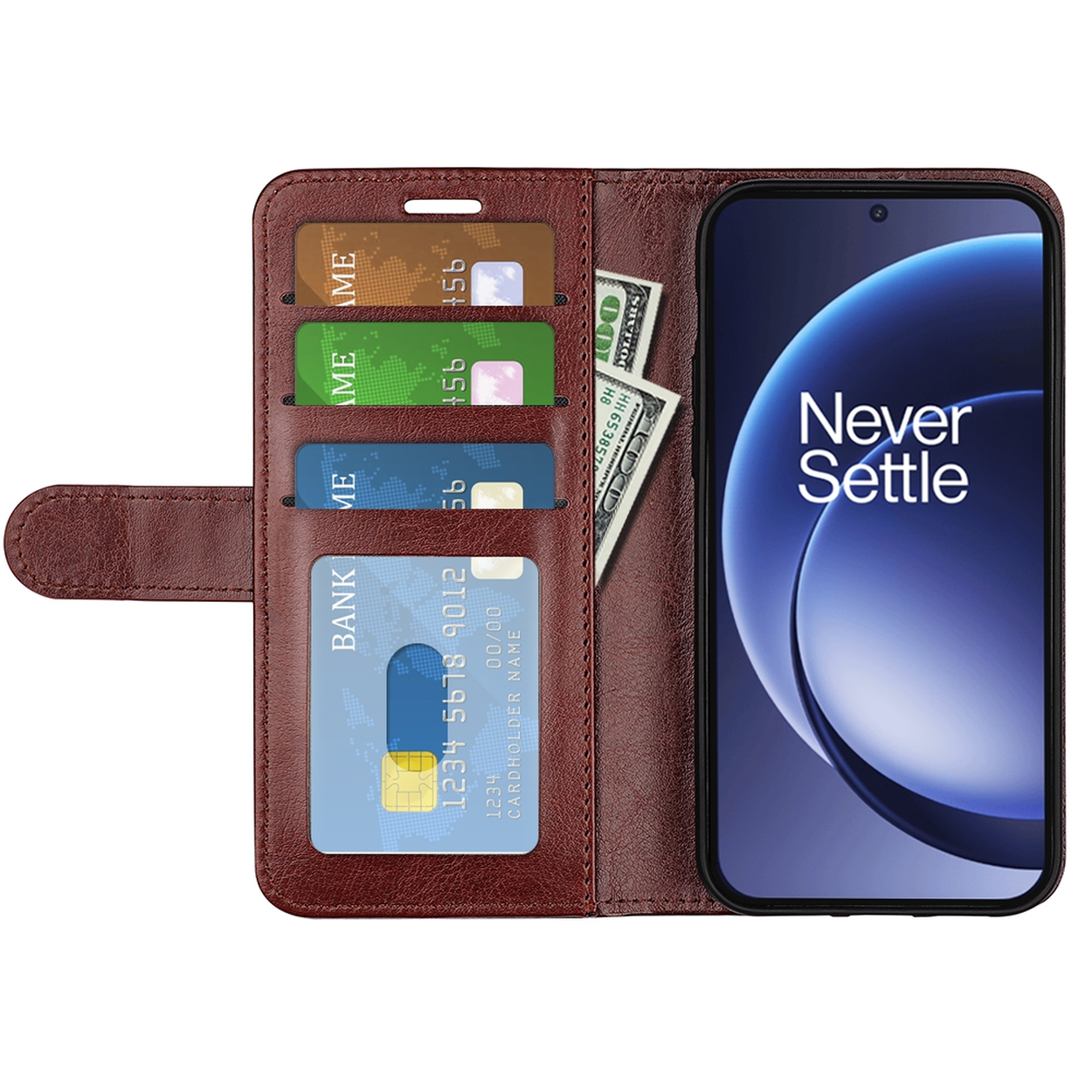 Étui de téléphone marron avec téléphone, cartes de crédit et argent. Le téléphone affiche 'Never Settle'.