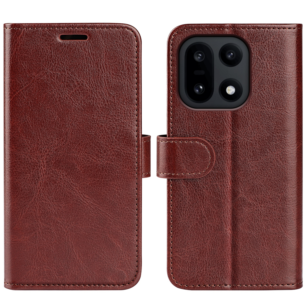 Étui de téléphone en cuir marron ouvert. Le côté gauche est uni, le droit a un téléphone avec des caméras. Fermoir magnétique visible.