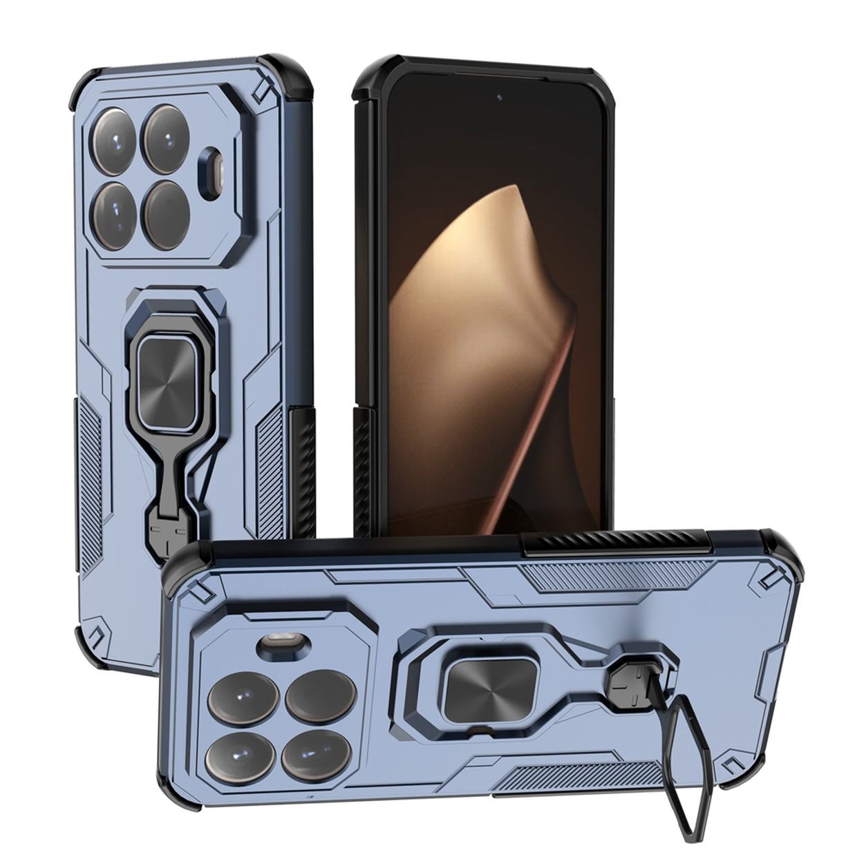Drie telefoonhoesjes: lichtblauw met een zwarte rand. Elk heeft een camera-uitsparing, een ringhouder en een telefoonscherm.