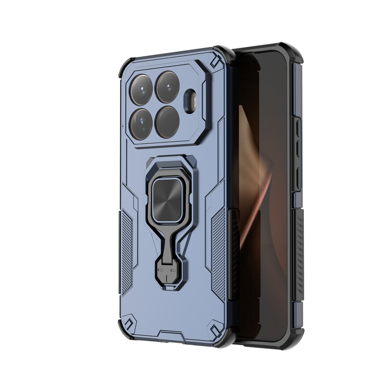 Een blauwzwarte telefoonhoes met een ringhouder, camera-uitsparingen en een telefoon erin.