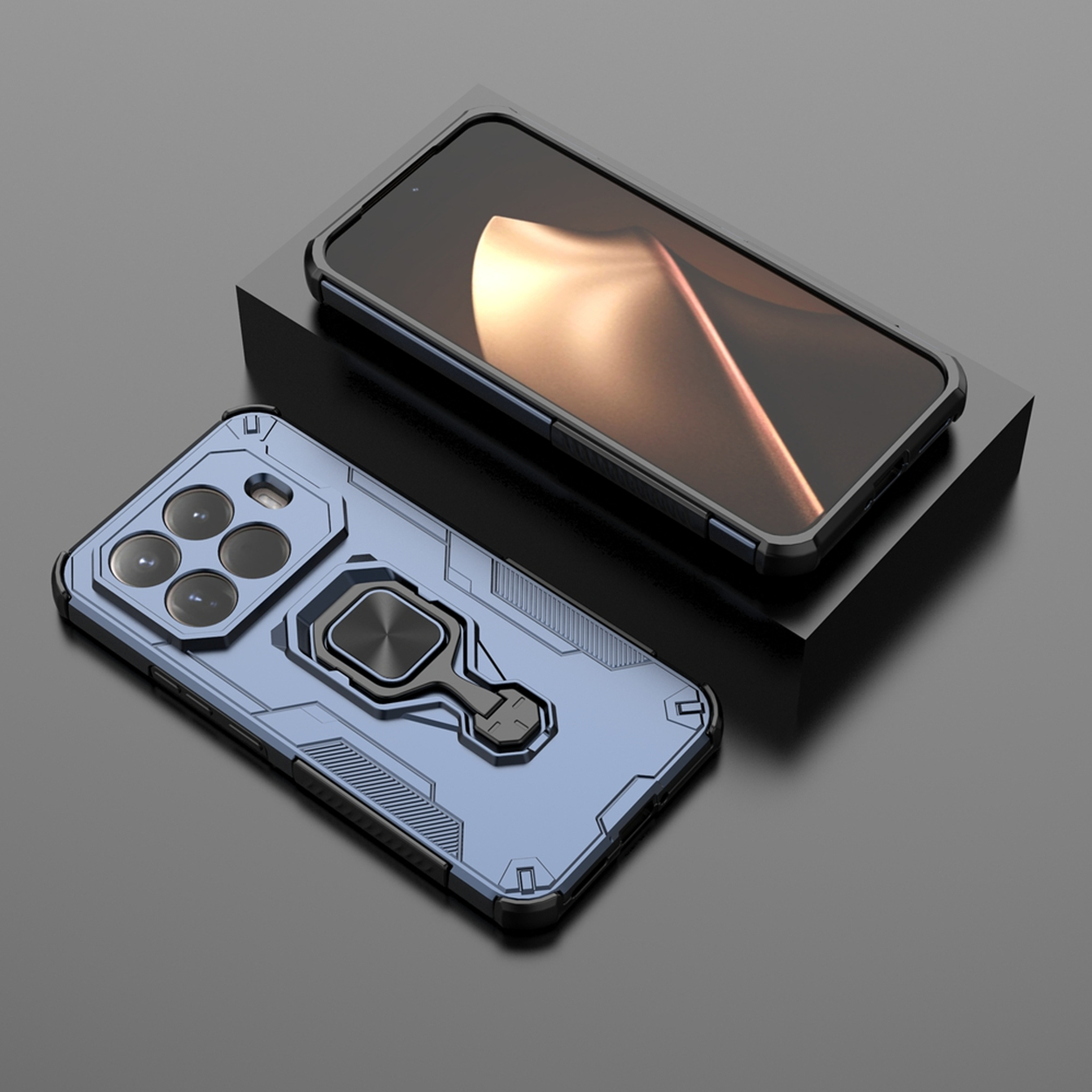 Twee telefoons. Eén in een blauwe case met een ringhouder, de andere op een zwart platform.