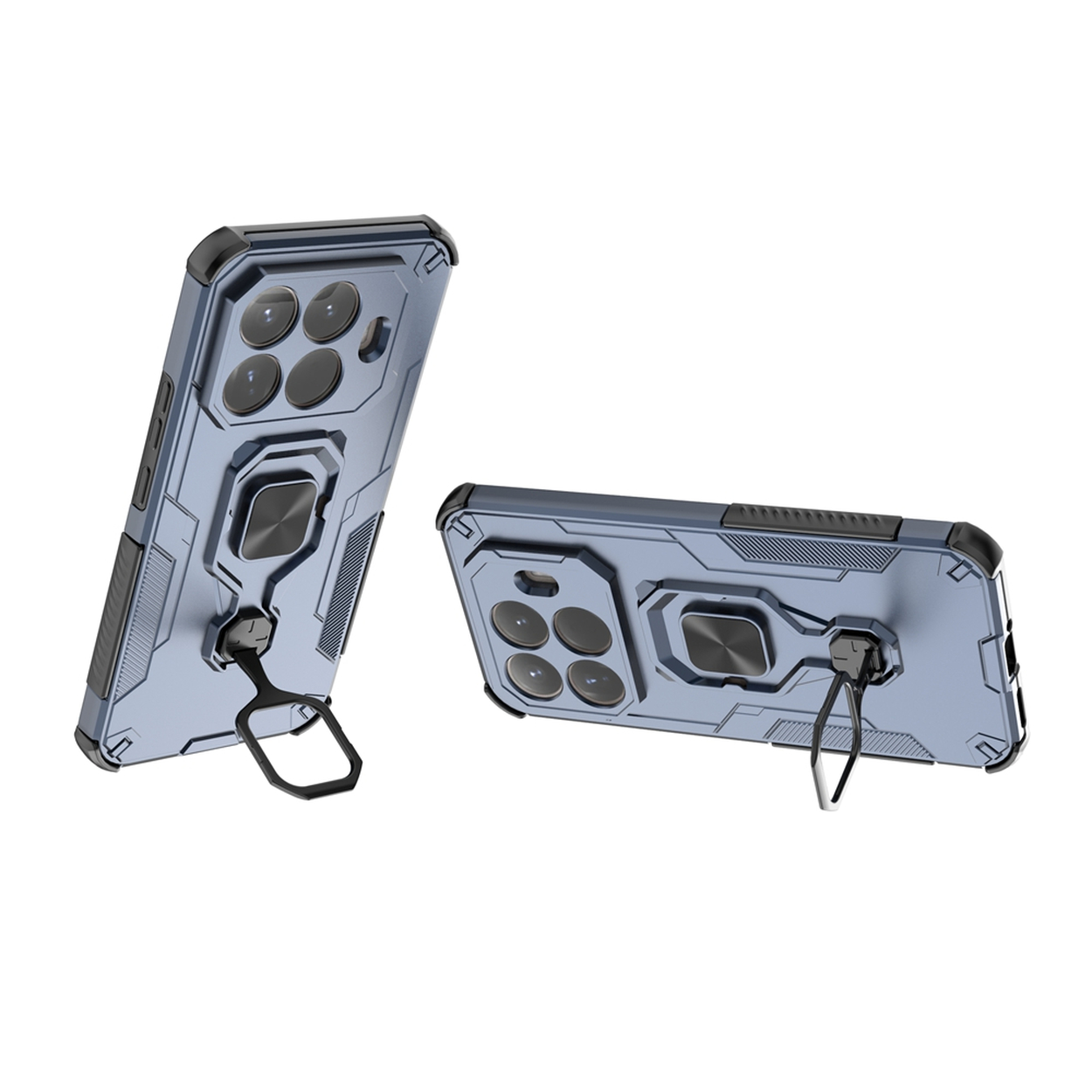 Twee blauwe telefoonhoesjes met ringhouders op een witte achtergrond. Elk heeft meerdere cameralenzen.