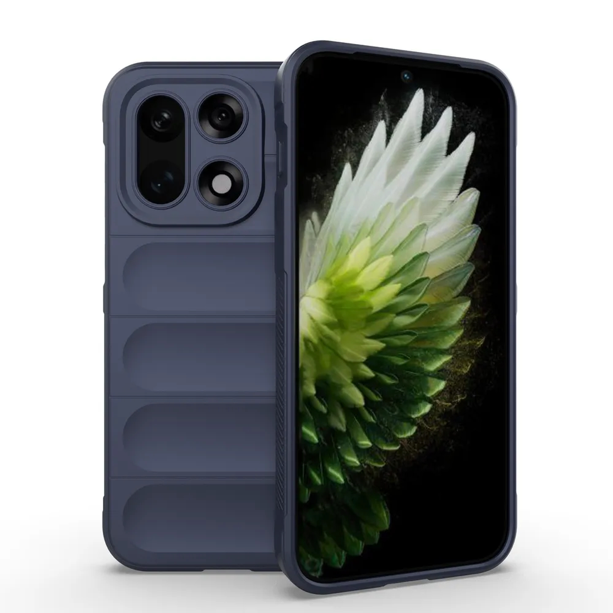 Deux smartphones bleus, l'un affichant une image florale. Le téléphone de gauche a une coque de protection avec plusieurs caméras.