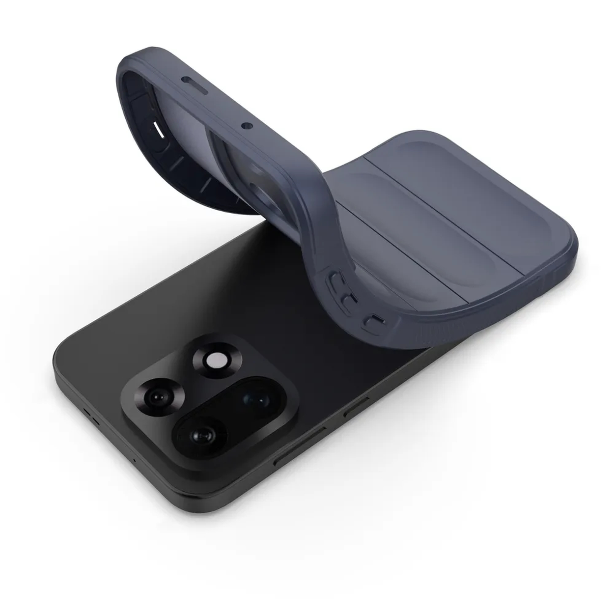 Un smartphone noir avec un étui bleu foncé est mis en place. Le téléphone a une bosse pour l'appareil photo. L'étui est incurvé et flexible.