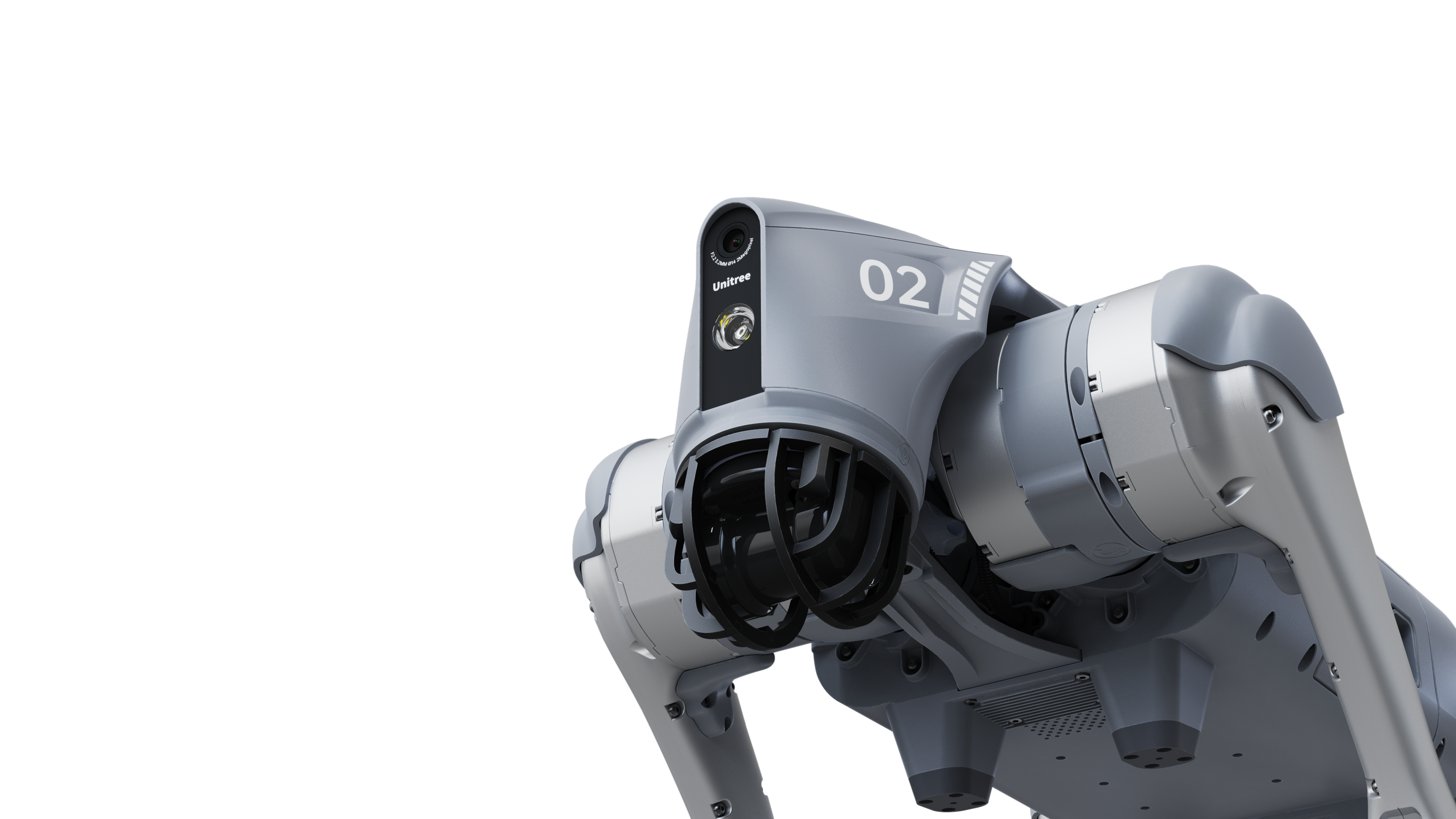 Nahaufnahme eines grauen Roboters. Er hat die Nummer 02, eine Kamera und einen schwarzen Hintergrund.