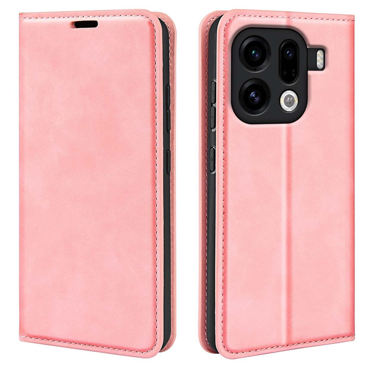 Een roze leren telefoonhoesje, open en dicht, met de camera en knoppen van de telefoon. De hoes heeft een magnetische sluiting.