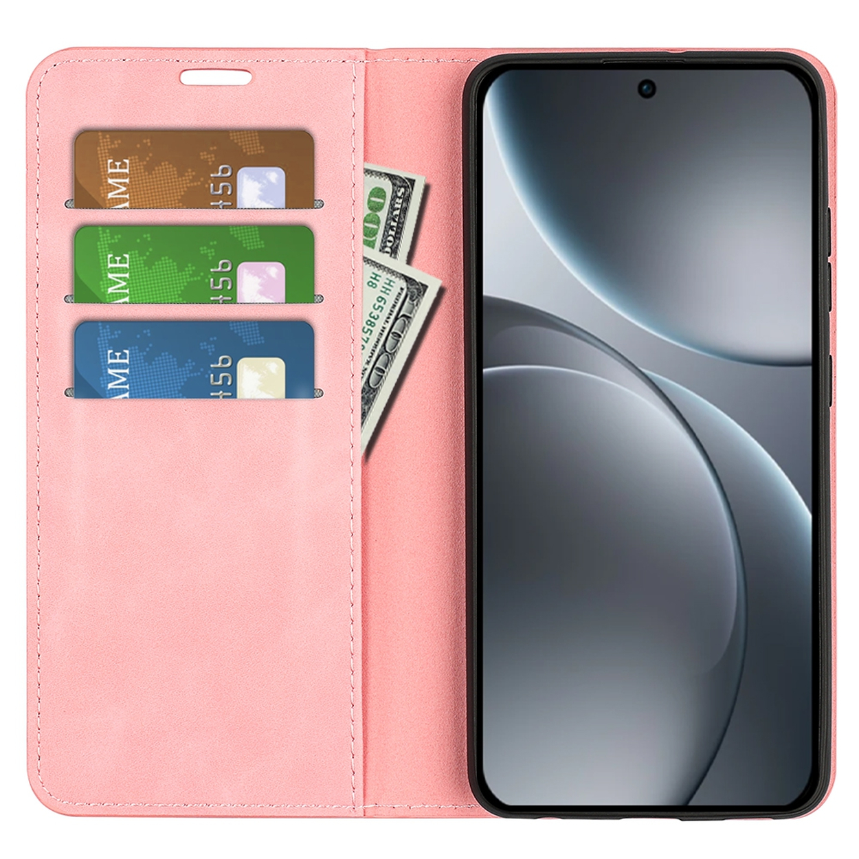 Étui de téléphone rose avec téléphone à droite. Côté gauche avec fentes pour cartes et billet. Écran gris.