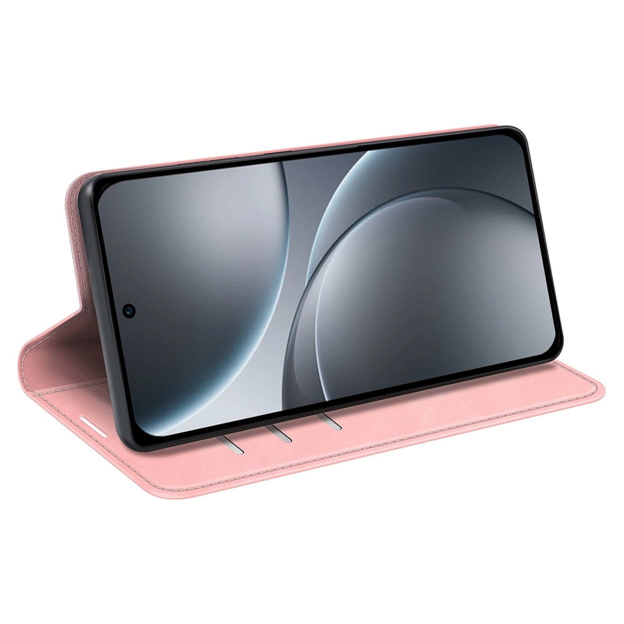 Un smartphone dans un étui rose, écran affichant des formes grises abstraites. L'étui est ouvert, révélant l'écran.