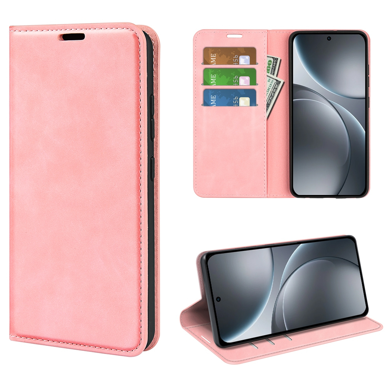 Étui de téléphone rose avec un téléphone à l'intérieur. Il a des fentes pour cartes et argent. Le téléphone est noir.