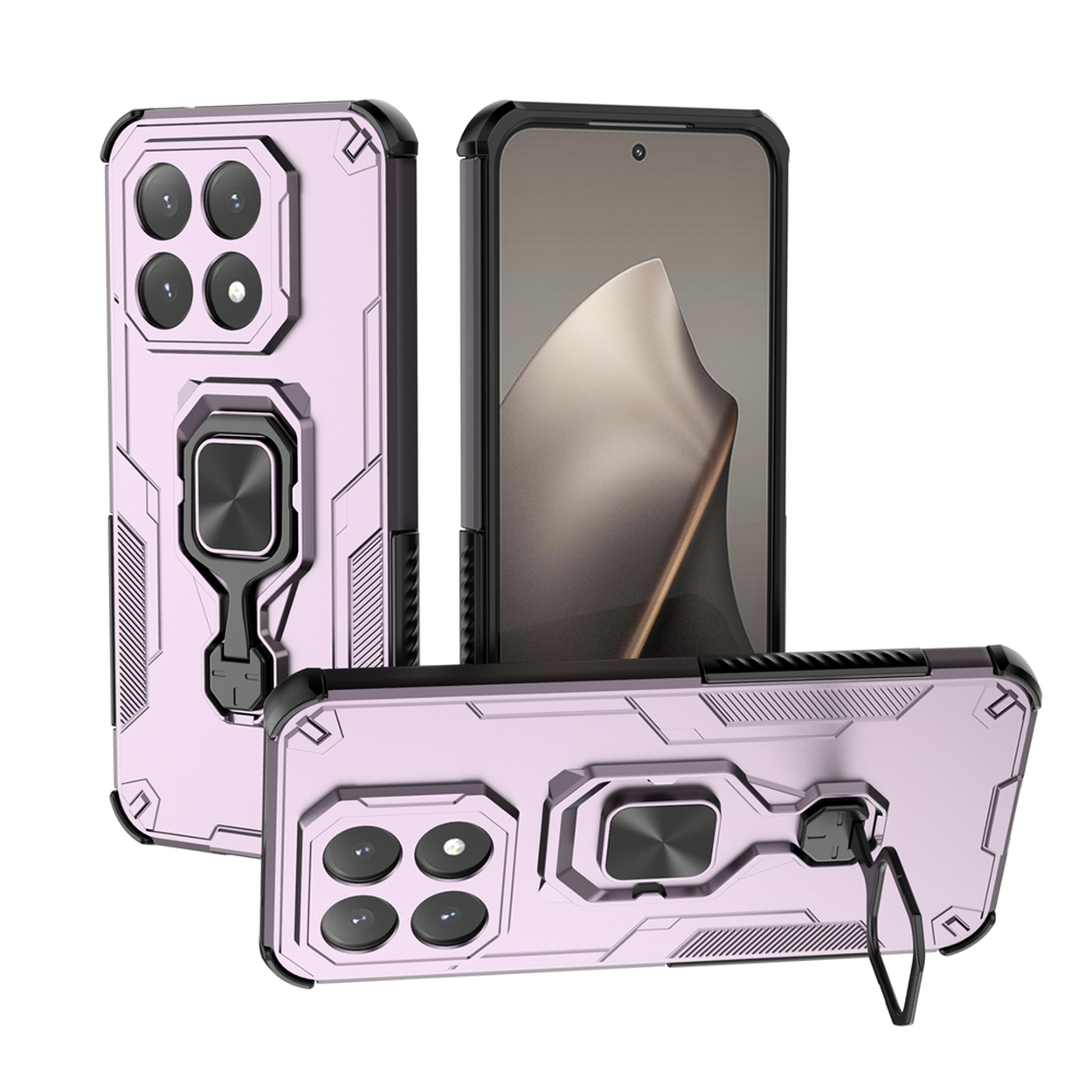 Drie telefoonhoesjes: roze met zwarte accenten, elk met een ringhouder. Eén hoesje bevat een telefoon met scherm.