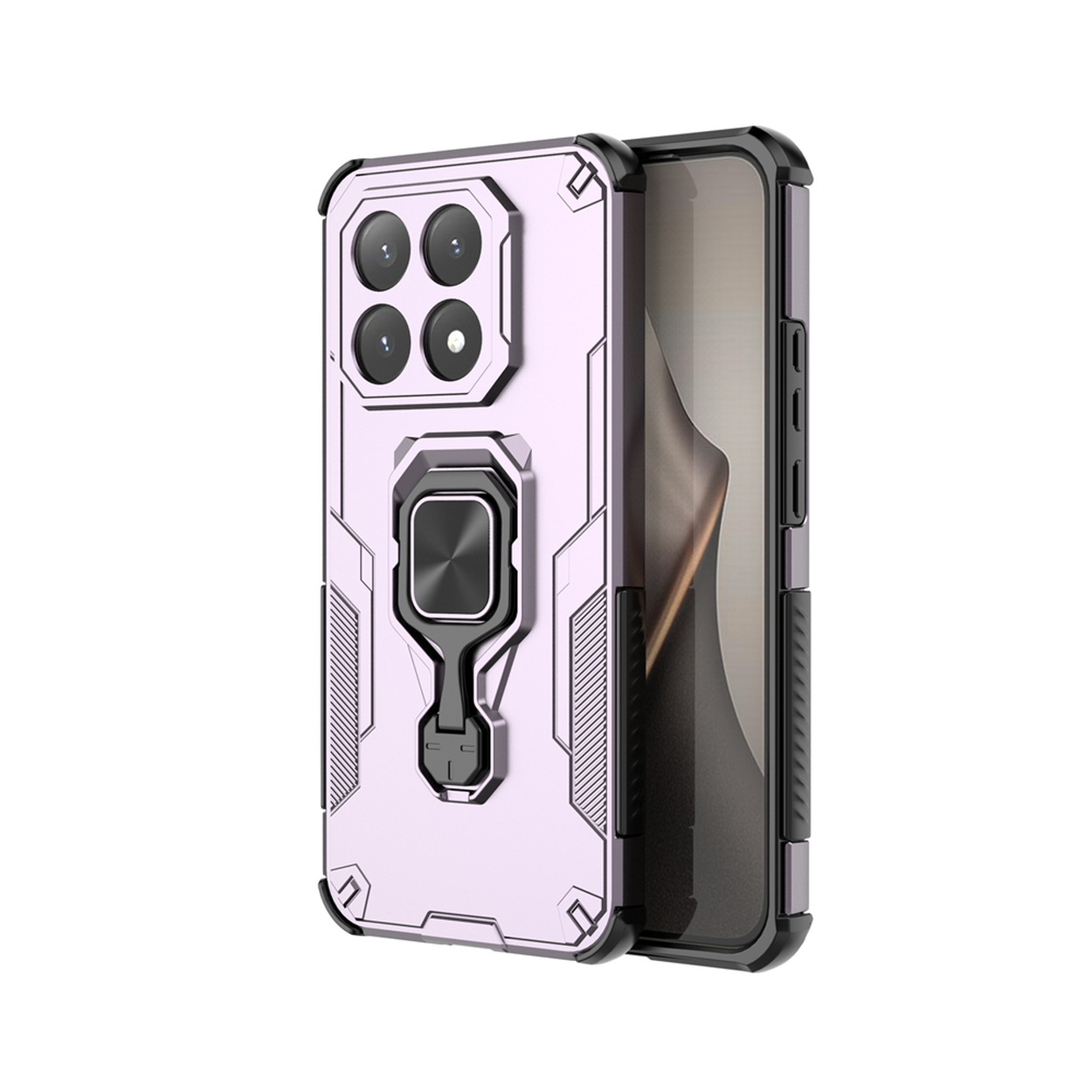 Een lavendelkleurige telefoonhoes met een zwart frame en een ringhouder. Het heeft vier cameralenzen, een zwarte ring en een scherm.